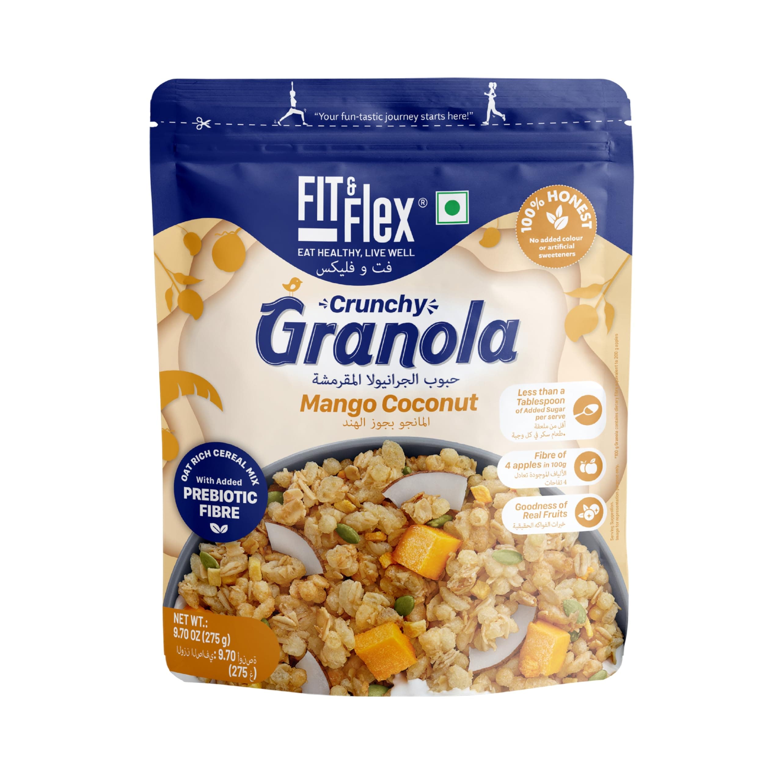 FIT & FLEX Baked Granola | Mango Coconut | Oat Rich Cereal with Real Freeze Dried Fruits | Ready to Eat Healthy Breakfast Food | Cholesterol Free with Immunity Boosters