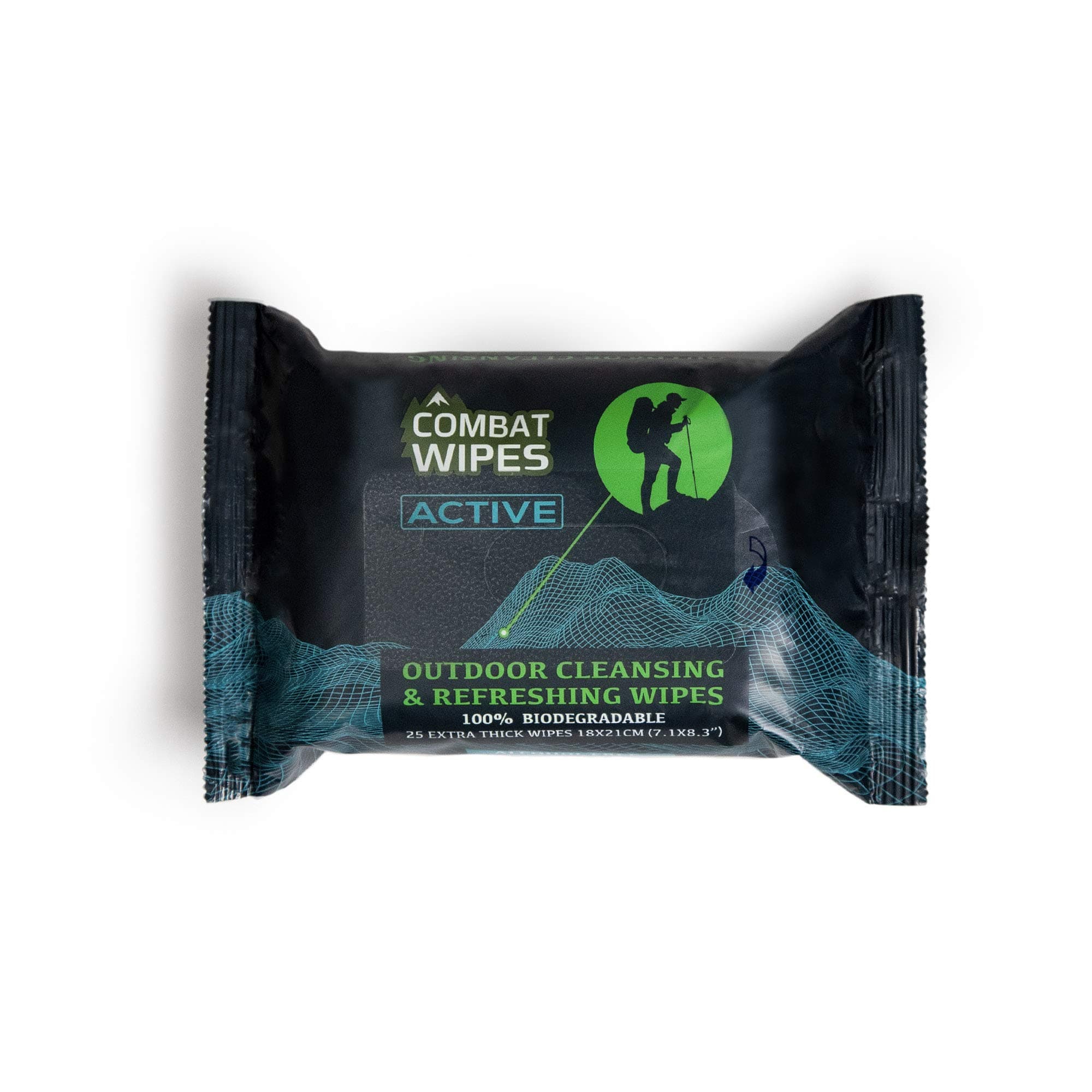 Combat Wipes ACTIVE Outdoor Wet Wipes | Extra Thick, Ultralight, Biodegradable, Body & Hand Cleansing/Refreshing Cloths for Camping, Gym & Backpacking w/Natural Aloe & Vitamin E (25 WIpes)