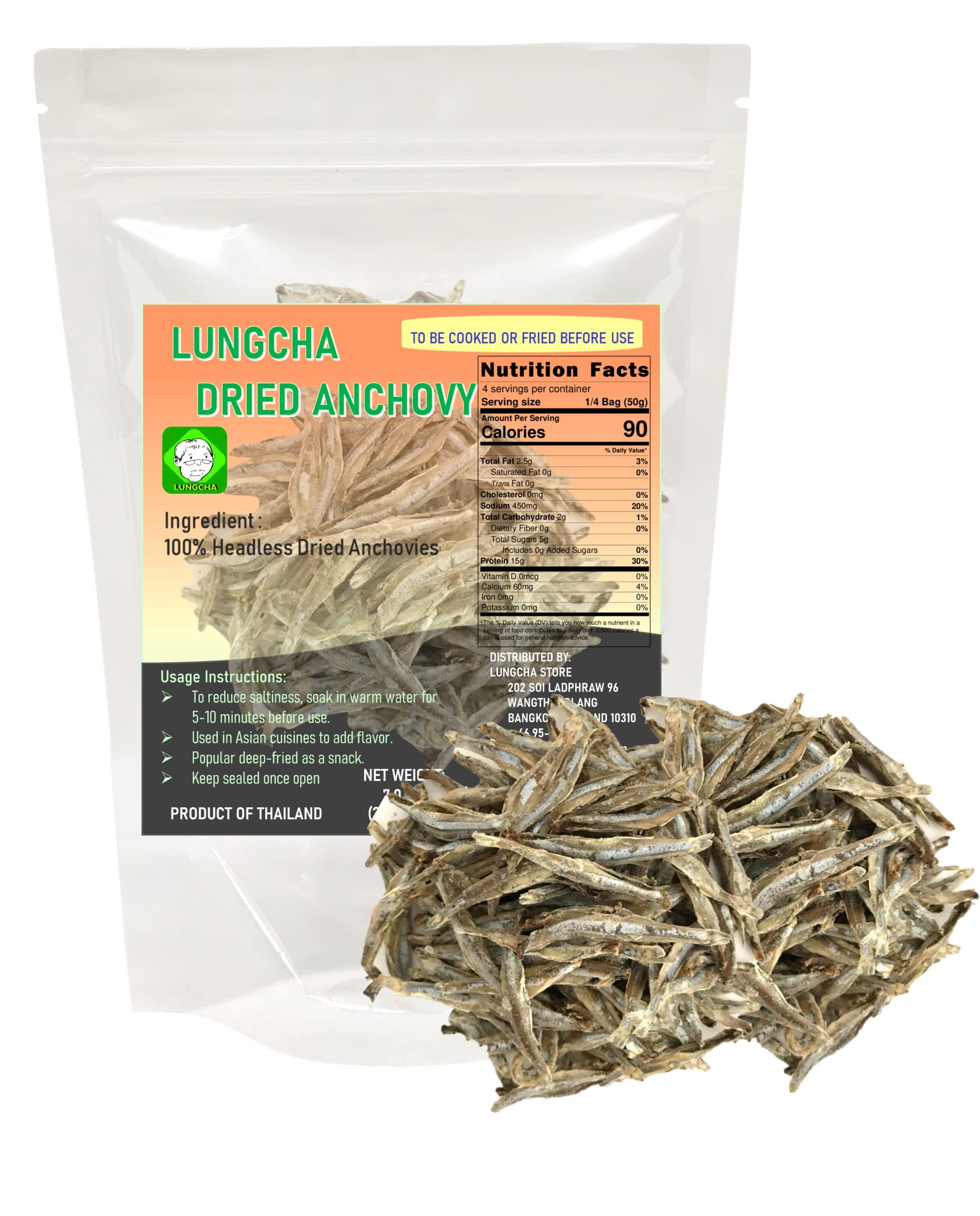 Dried Anchovy Headless Deep-frying as Snack or add flavor to soups, side dish Product of Thailand 7 Oz.(200)