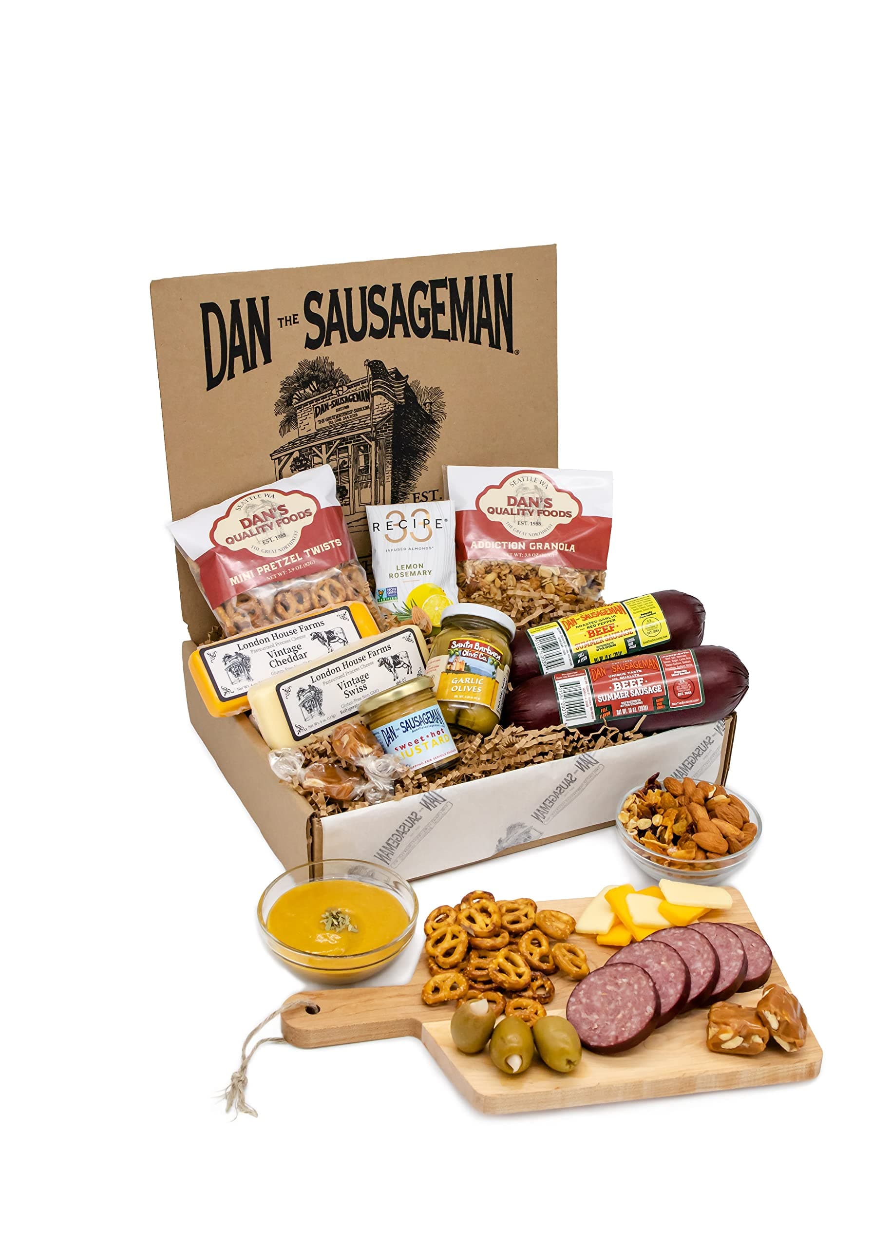 - Dan the Sausageman Signature Gifts (Sounder) Gourmet Food Gift Baskets: The Ideal Meat and Cheese Gift Set for Thank You, Holiday, Mothers Day, or Congratulations | Natural Summer Sausage Beef Snack Box Variety Pack