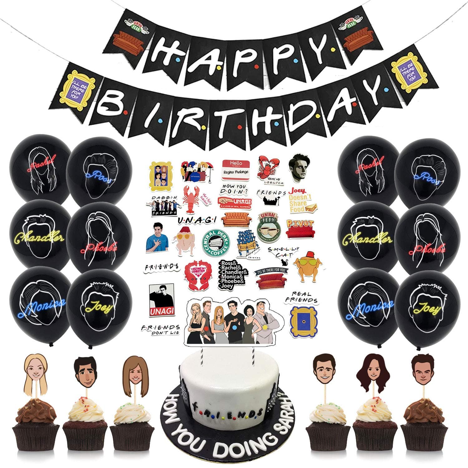 Vercico Party Decoration for Freinds Set of 68 Happy Birthday Banner Latex Balloons Cake Cupcake Toppers Tattoo Stickers Decoration Backdrop Party Supplies