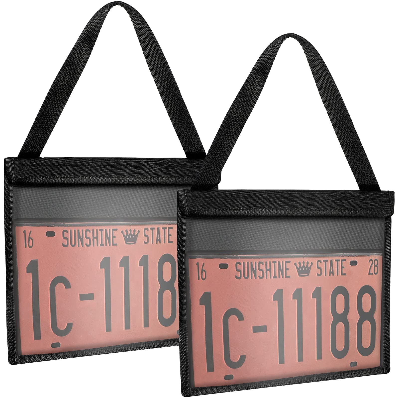 Frienda 2 Pieces License Plate Holder with Hanging Strap Dealer Plate Holder Test Drive Tag Bag Black Frame Cover and Bracket for Car SUV Truck