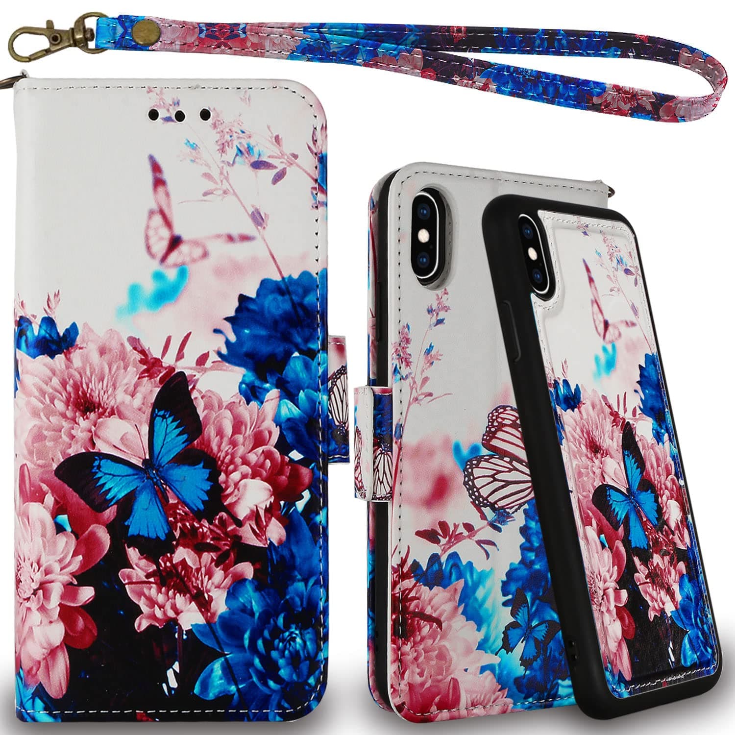 Mefon iPhone X Xs Detachable Leather Wallet Phone Case, with Tempered Glass and Wrist Strap, Enhanced Magnetic Closure, Durable Slim, Luxury Flip Folio Cases for Apple iPhone 10 5.8 (Butterfly 1)