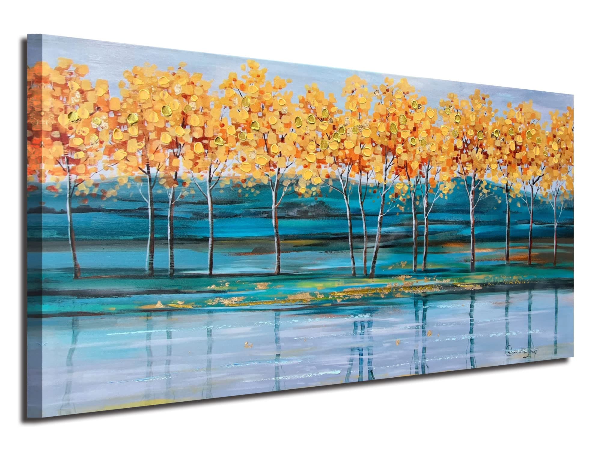 ArdemyGold Ginkgo Tree Canvas Wall Art Nature Painting Modern Blue Landscape Mountain Artwork Scenic Teal Scenery Picture Large Framed for Living Room Bedroom Bathroom Home Office Wall Decor, 48"x24"