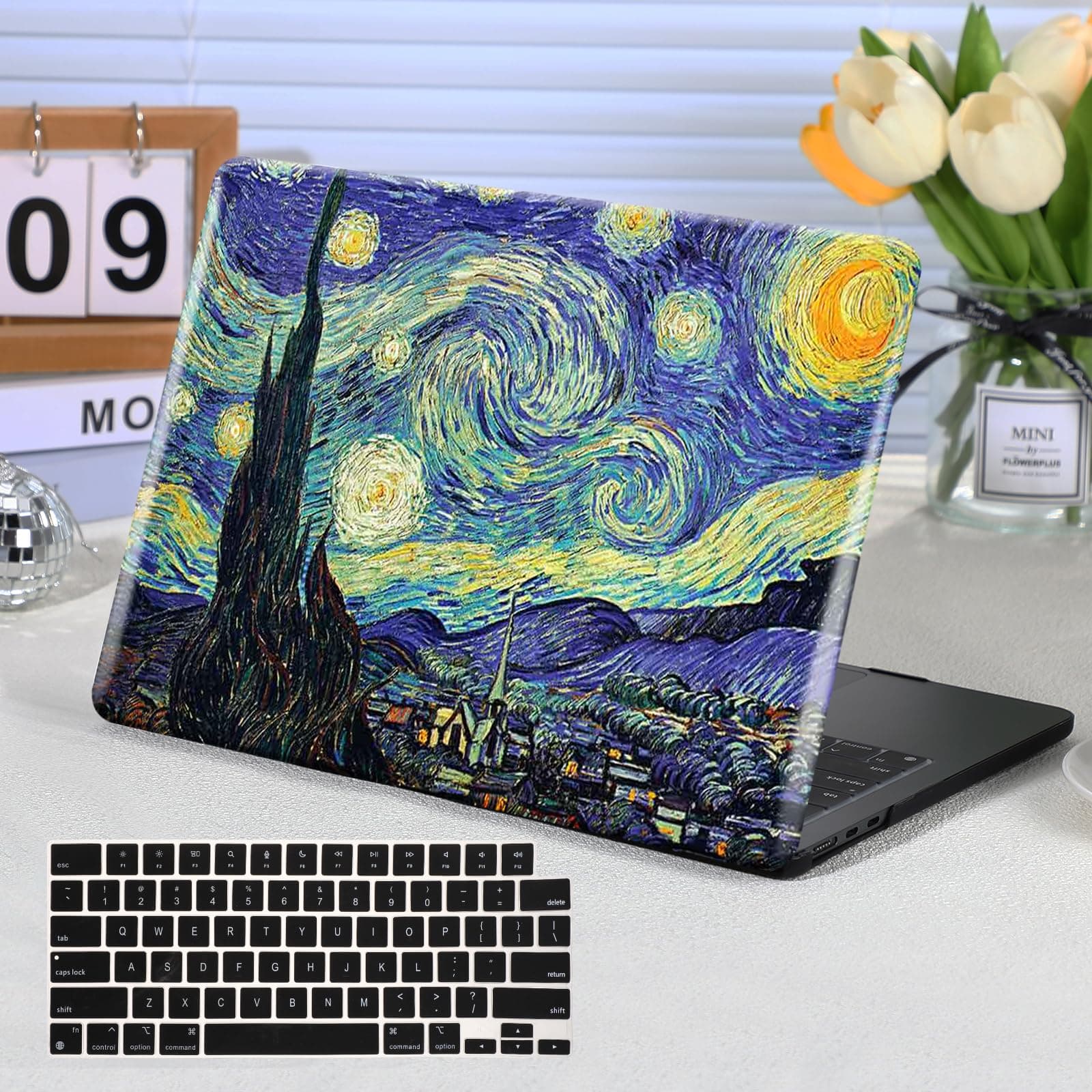 Funut Compatible with MacBook Air 13 inch Case 2024 2023 2022 Release M3 M2 A3113 A2681, Plastic Laptop Hard Shell Case & Keyboard Cover for MacBook Air 13.6" with Touch ID,Van Gogh Starry Sky