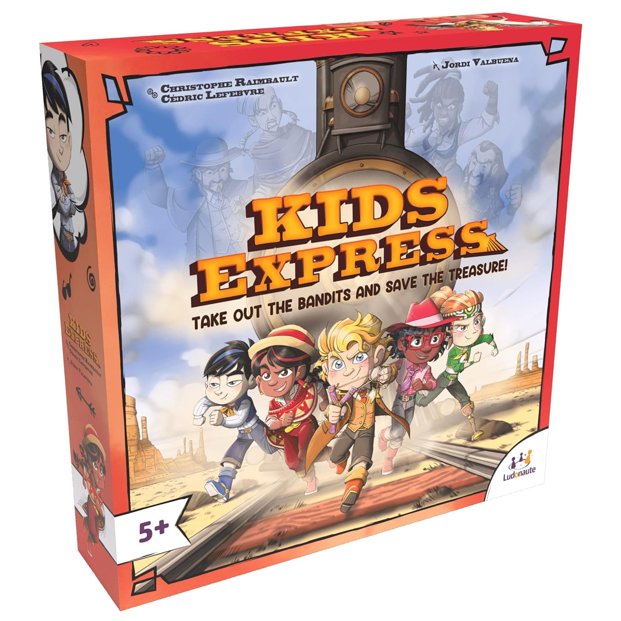 Ludonate: Kids Express - Cooperative Board Game, 3D Train, Flick Projectiles to Hit Bandits, Kids Version of Colt Express, Age 5+, 1-4 Players, 15 Min
