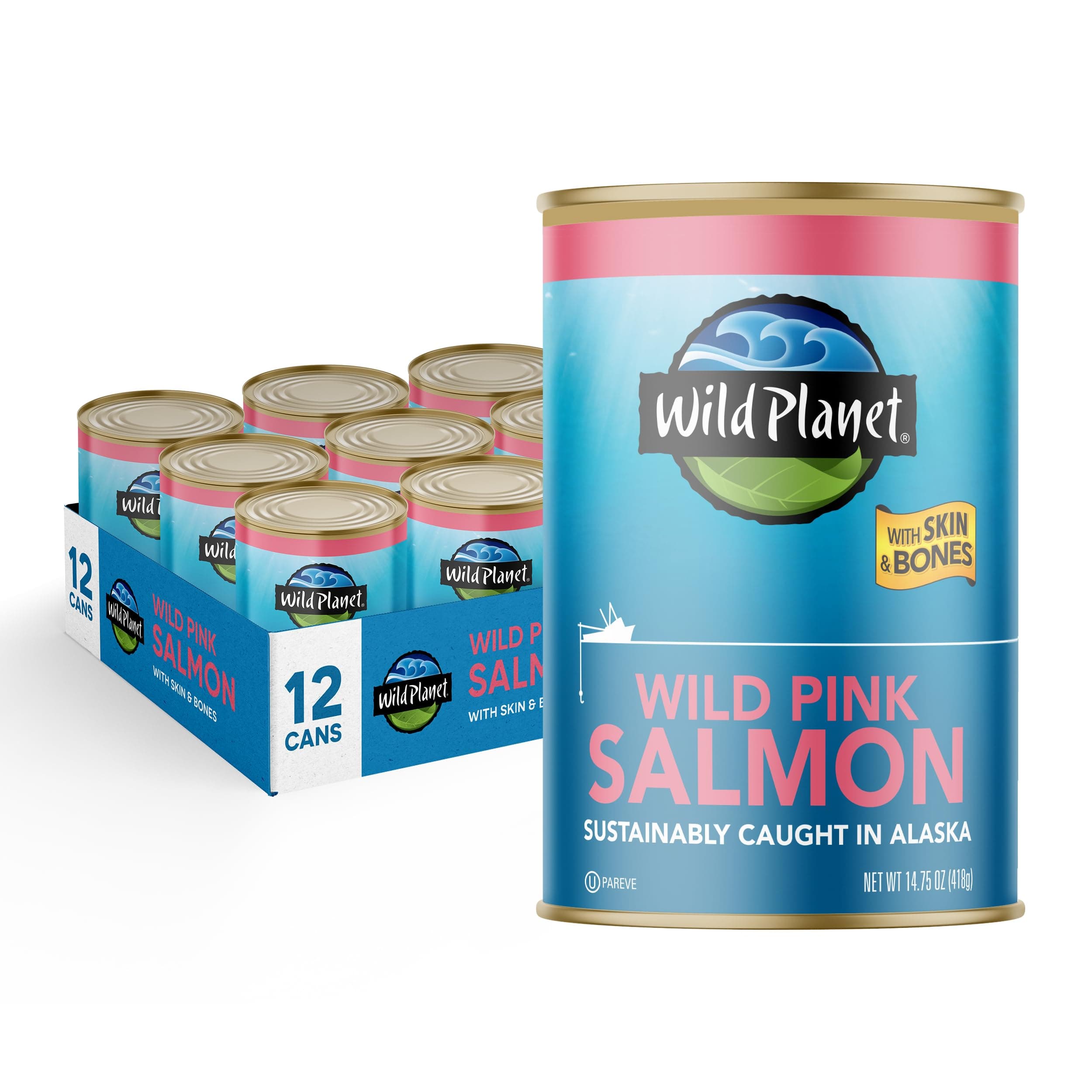 Wild Planet Wild Pink Salmon With Skin and Bones, Tinned Fish, Canned Salmon, Sustainably Wild-Caught, Non-GMO, Kosher, Gluten Free, Keto and Paleo, 14.75 Ounce (Pack of 12)