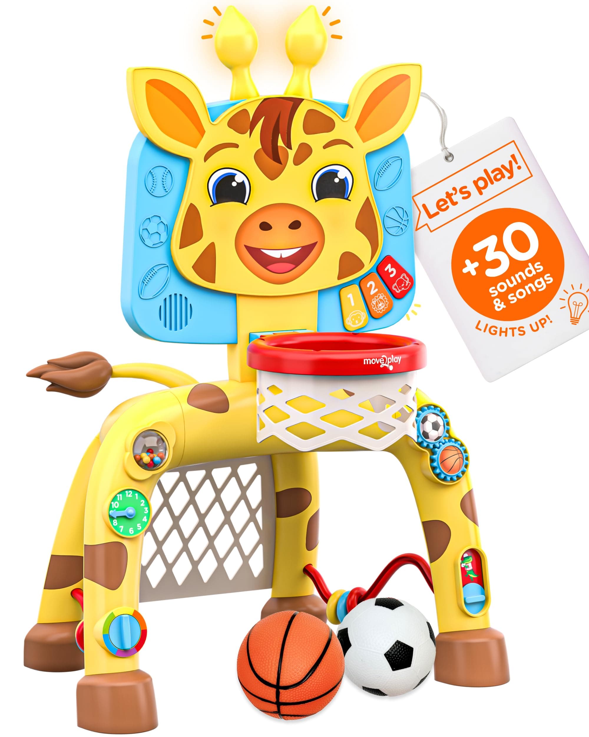 Move2Play, Giraffe Basketball Hoop & Soccer Goal Activity Center | 30+ Sounds & Songs + 5 Lights | 1 2 3 Year Old Birthday Gift for Boys and Girls | Toy for Baby & Toddlers (Yellow)