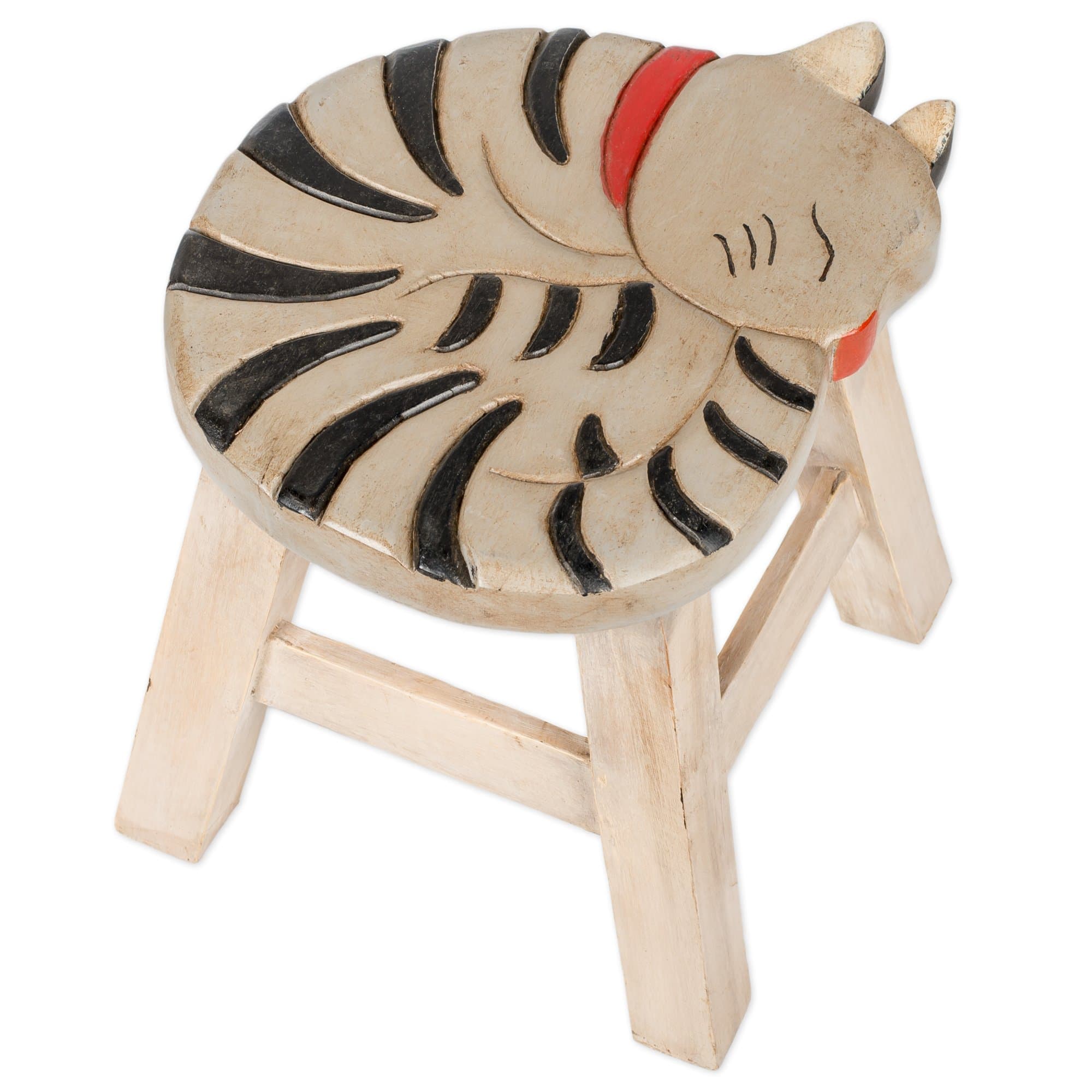Sea Island Imports Gray Tabby Cat Design Hand Carved Acacia Hardwood Decorative Short Stool