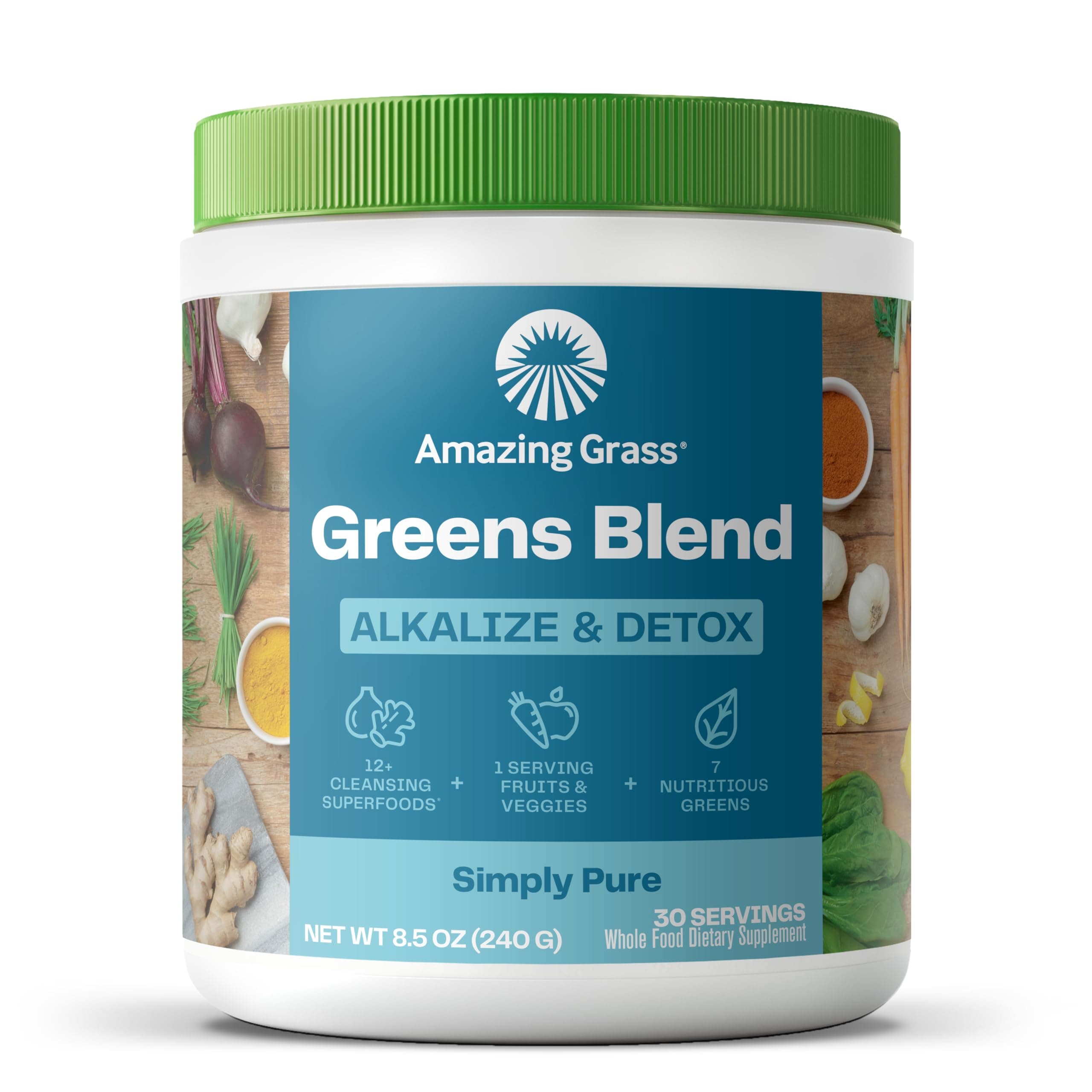Amazing Grass Greens Blend Alkalize & Detox: Smoothie Mix, Cleanse with Super Greens & Beet Root Powder, Digestive Enzymes, Prebiotics & Probiotics, 30 Servings (Packaging May Vary)