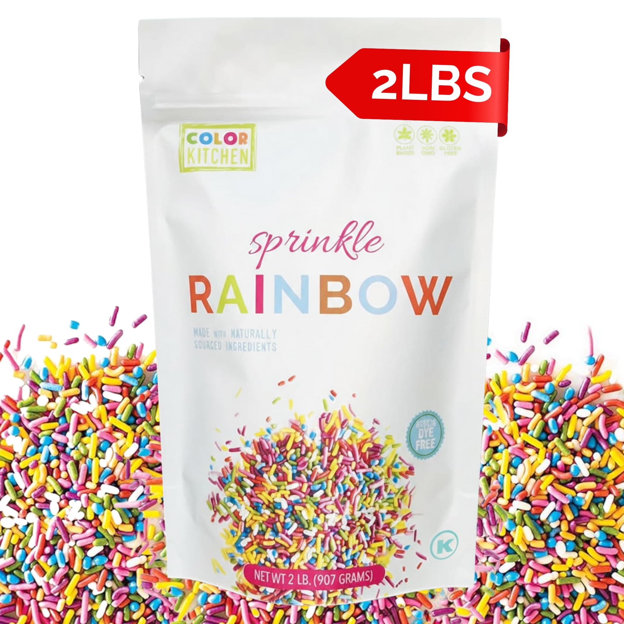 Rainbow Sprinkles Natural Ingredients Baking Cake Decorations, Ice Cream, Cookie, Artificial Dye-free, Plant-Based Colors, Gluten-Free, Non-GMO, No Hydrogenated Oils, Soy-Free, Kosher, 2 LB