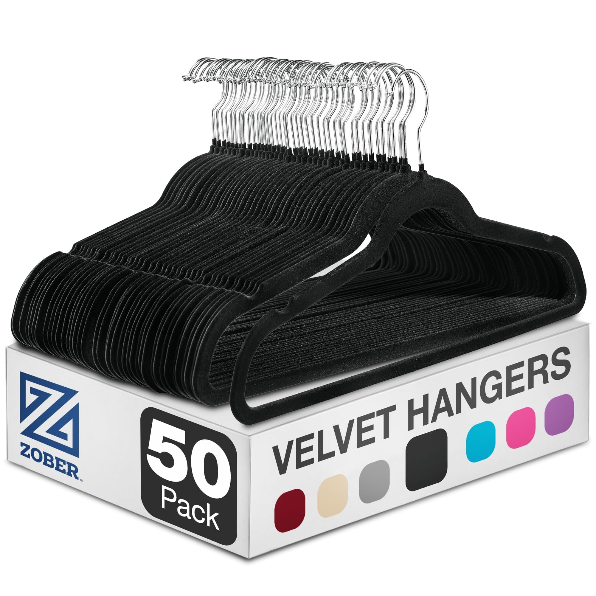 ZOBER Non-Slip Velvet Hangers Pack of 50 Ultra Thin Space Saving 360 Degree Swivel Hook Strong and Durable Clothes Hangers Hold Up-to 10 Lbs, for Coats, Jackets, Pants, Dress Clothes (Black)