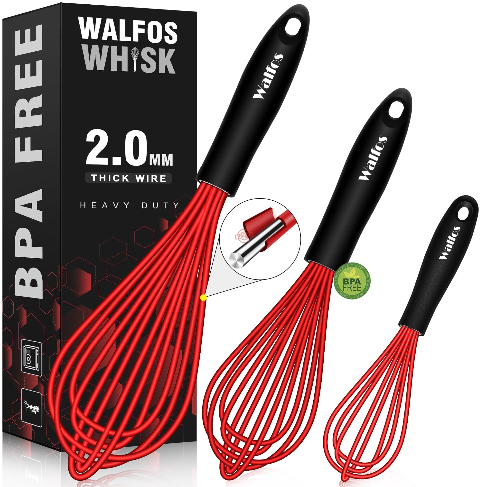 Silicone Whisk, Stainless Steel Wire Whisk Set of 3 - Heat Resistant Kitchen Whisks for Non-stick Cookware, Balloon Egg Beater Perfect for Blending, Whisking, Beating, Frothing & Stirring, Red