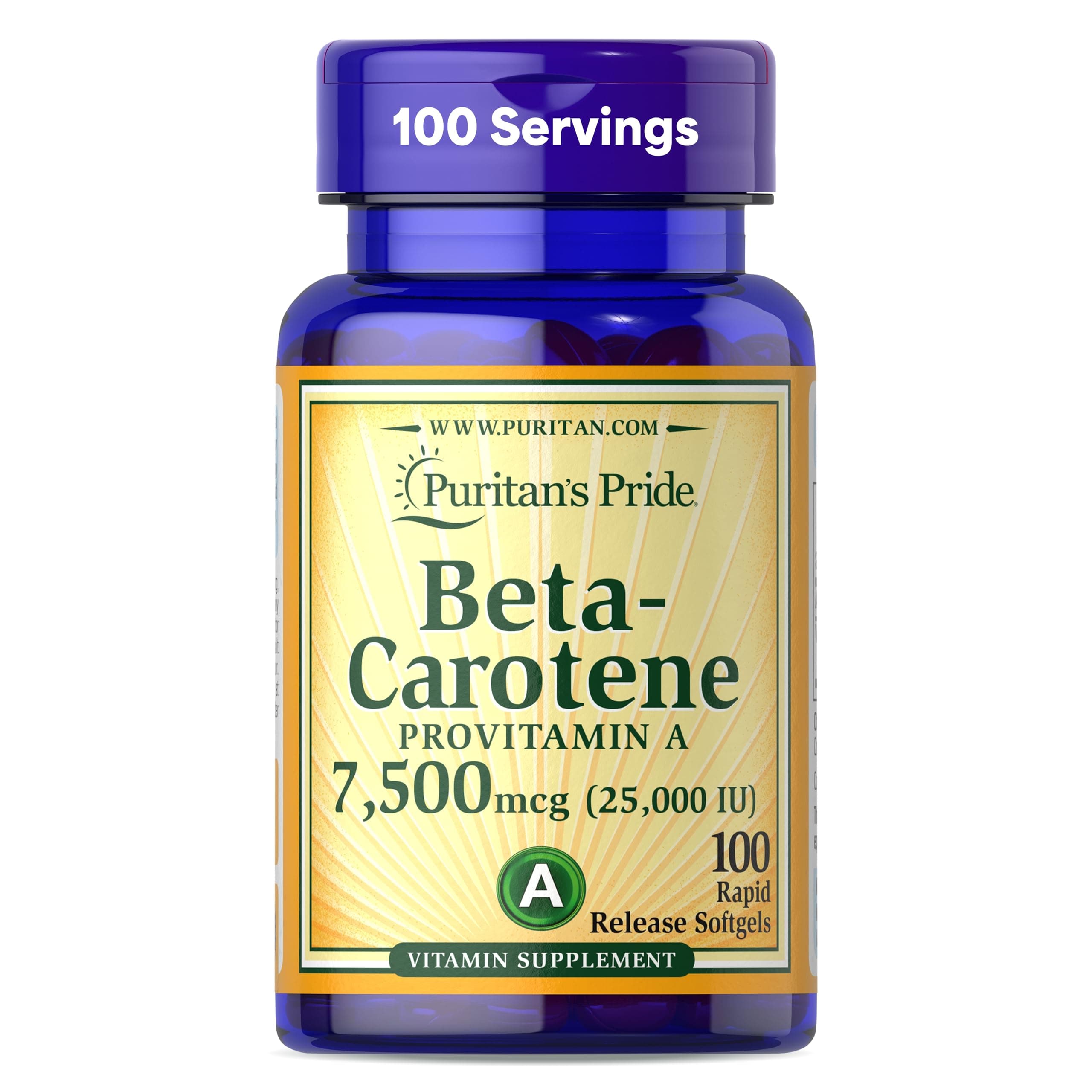 Puritan's Pride Beta Carotene Provitamin A 7,500mcg (25,000 IU), Vitamin Supplement for Immune System, Antioxidant and Eye Health Support, 100 Day Supply, 100 Rapid Release Softgels