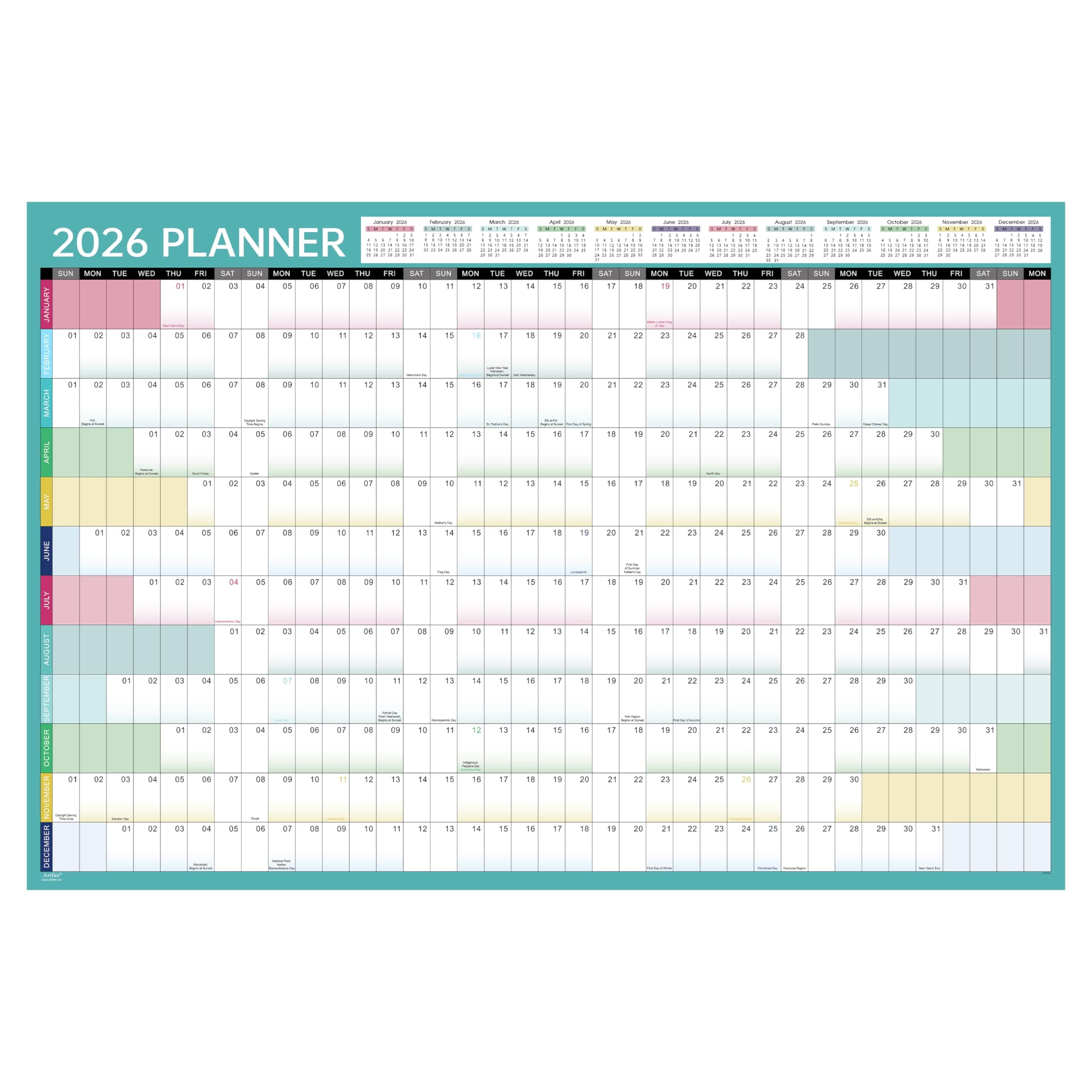 Artfan 2024-2025 Yearly Wall Calendar - Wall Calendar 2024-2025, Jul. 2024 - Jun. 2025, Yearly Wall Calendar 2024-2025 with Julian Dates, Thick Paper, Round Sticks, 34.9" x 23.1"(Open) - Colorful