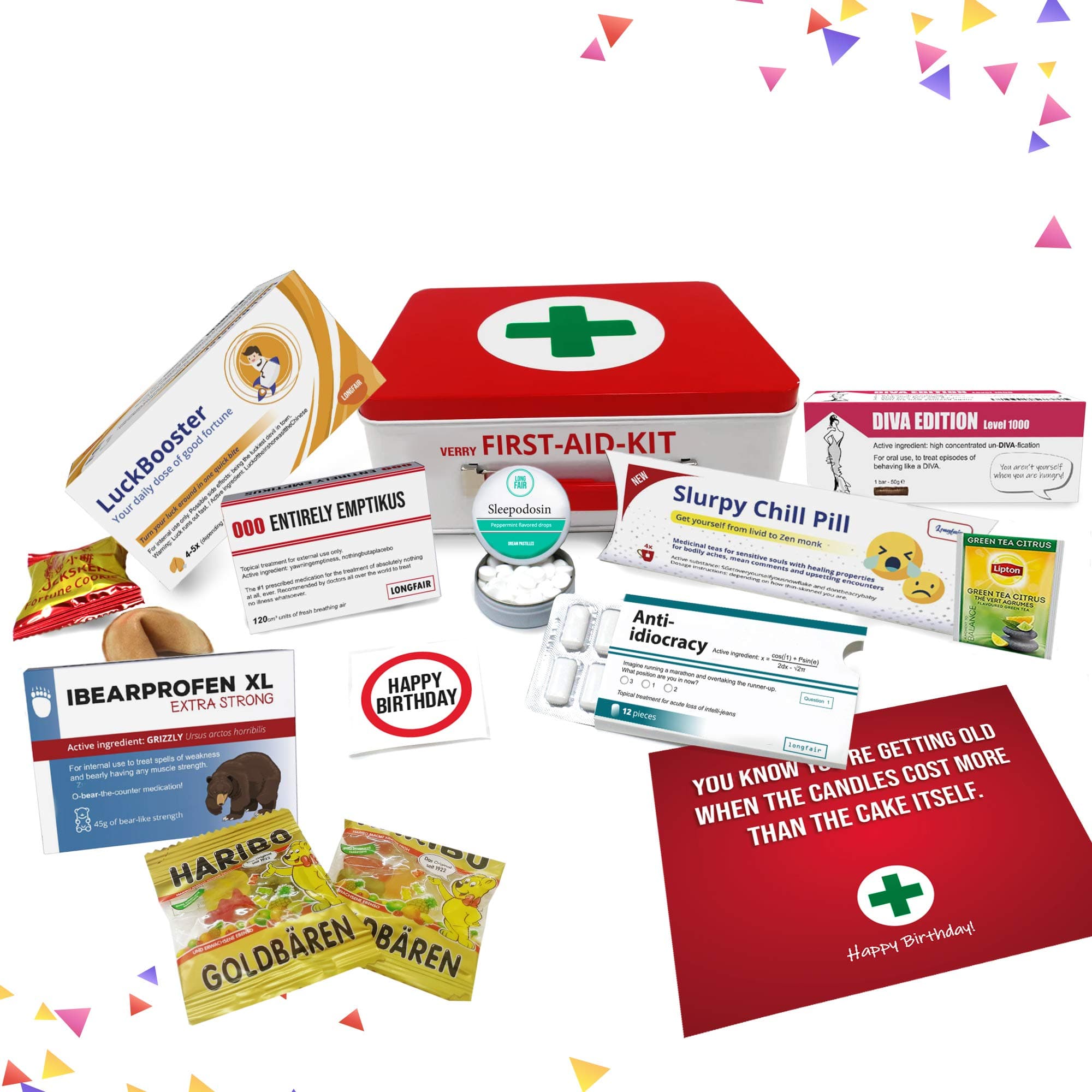 The Ultimate Birthday Present Surprise, humorous medicine inspired 1st aid kit | Funny Gag Gift for her and him | 9 pieces
