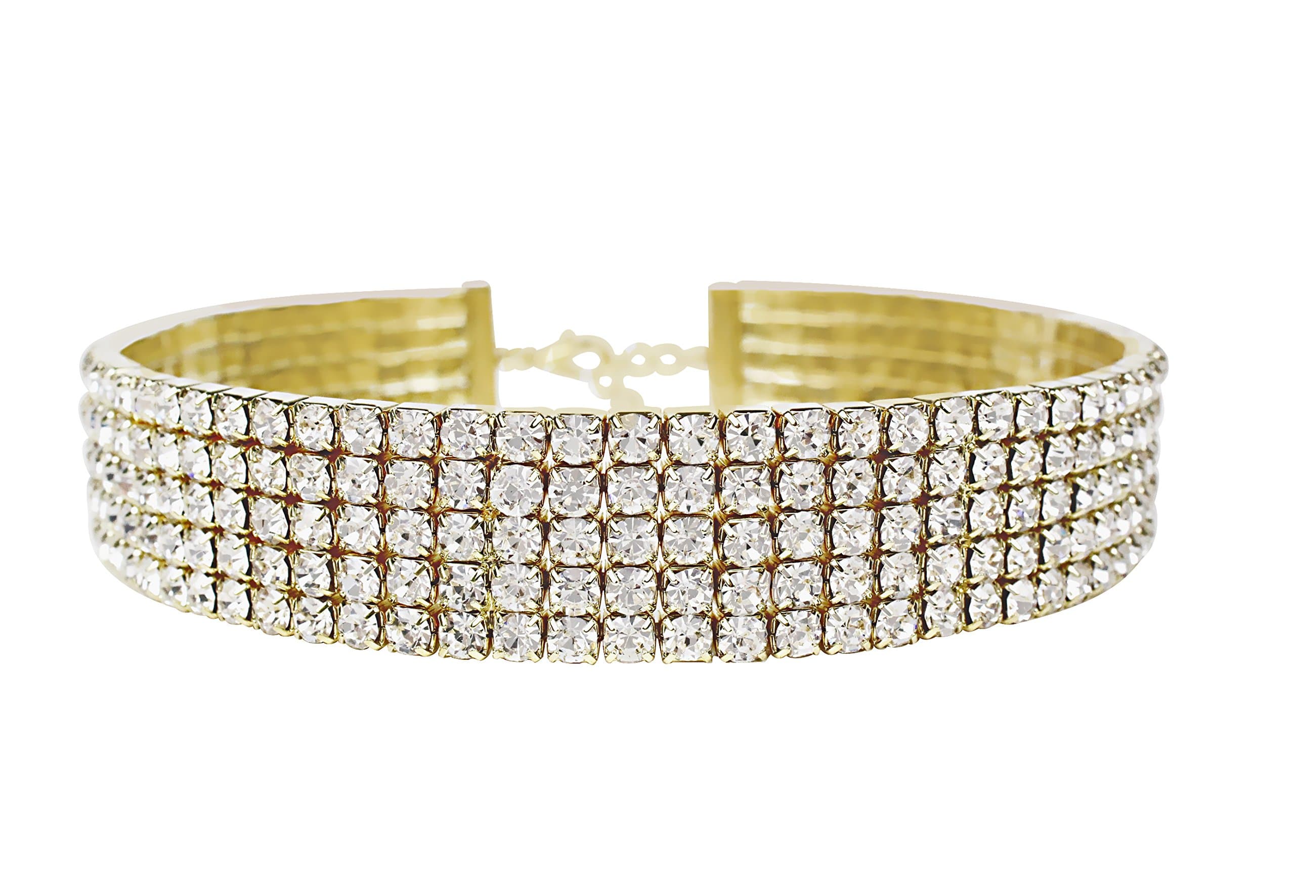 LuxeLife Gold Rhinestone Choker 3 5 8 Row Women’s Crystal Necklace Diamond Collar with 5" Extender