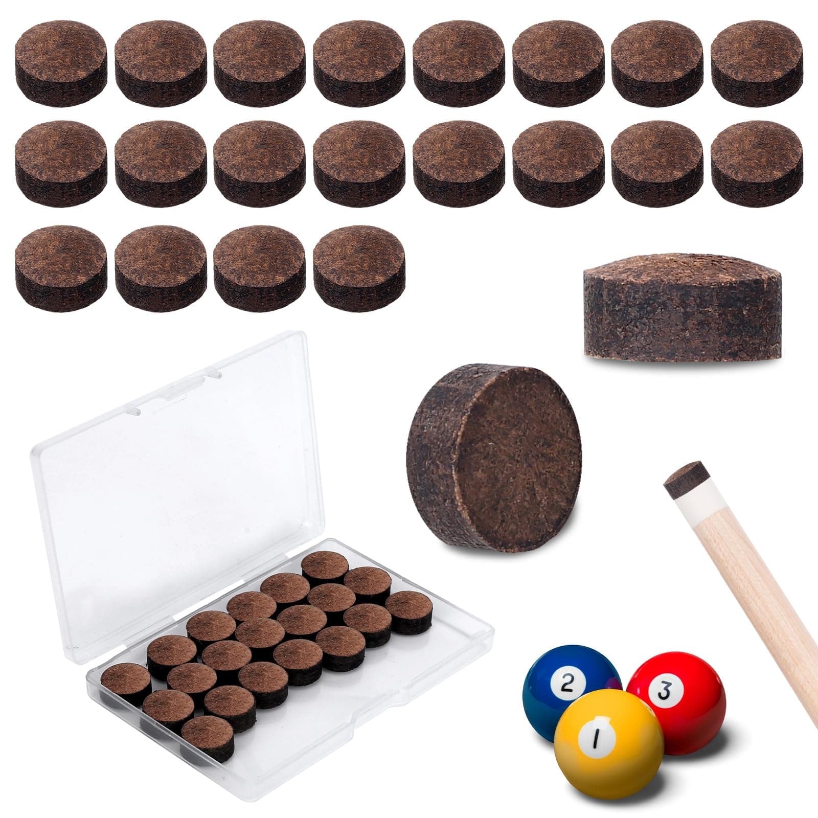 Mozeat Lens 20 Pieces Billiard Pool Cue Tips Pool Stick Replacement Tips with Storage Box for Pool Cues and Snooker Supplies, 13 mm Brown