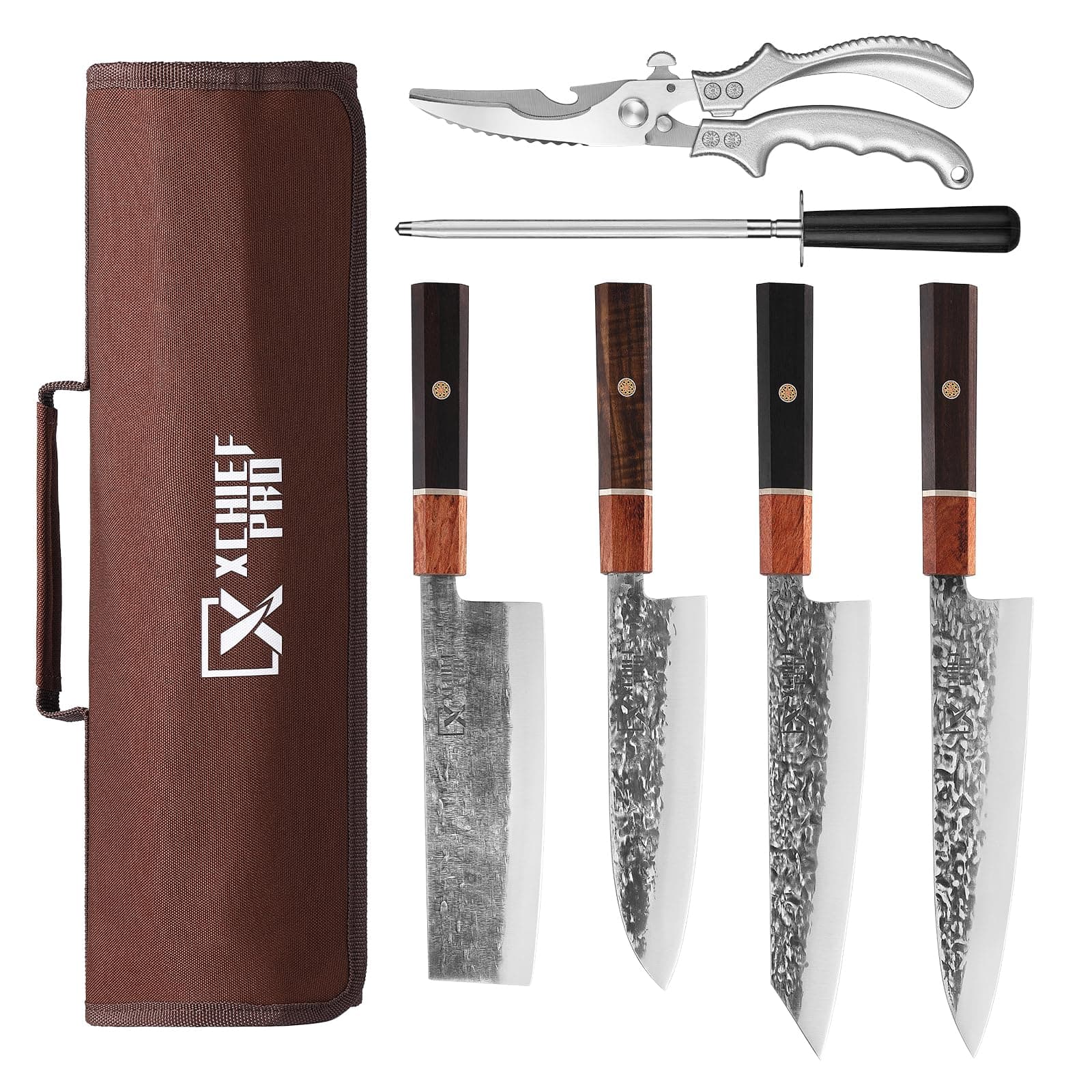 Japan Knife Set, High Carbon Steel Japan Nakiri Santoku Knife Set, Hand Forged Meat Cleaver Butcher Knife with Accessories for Kitchen, Camping BBQ Knives Set with Bag