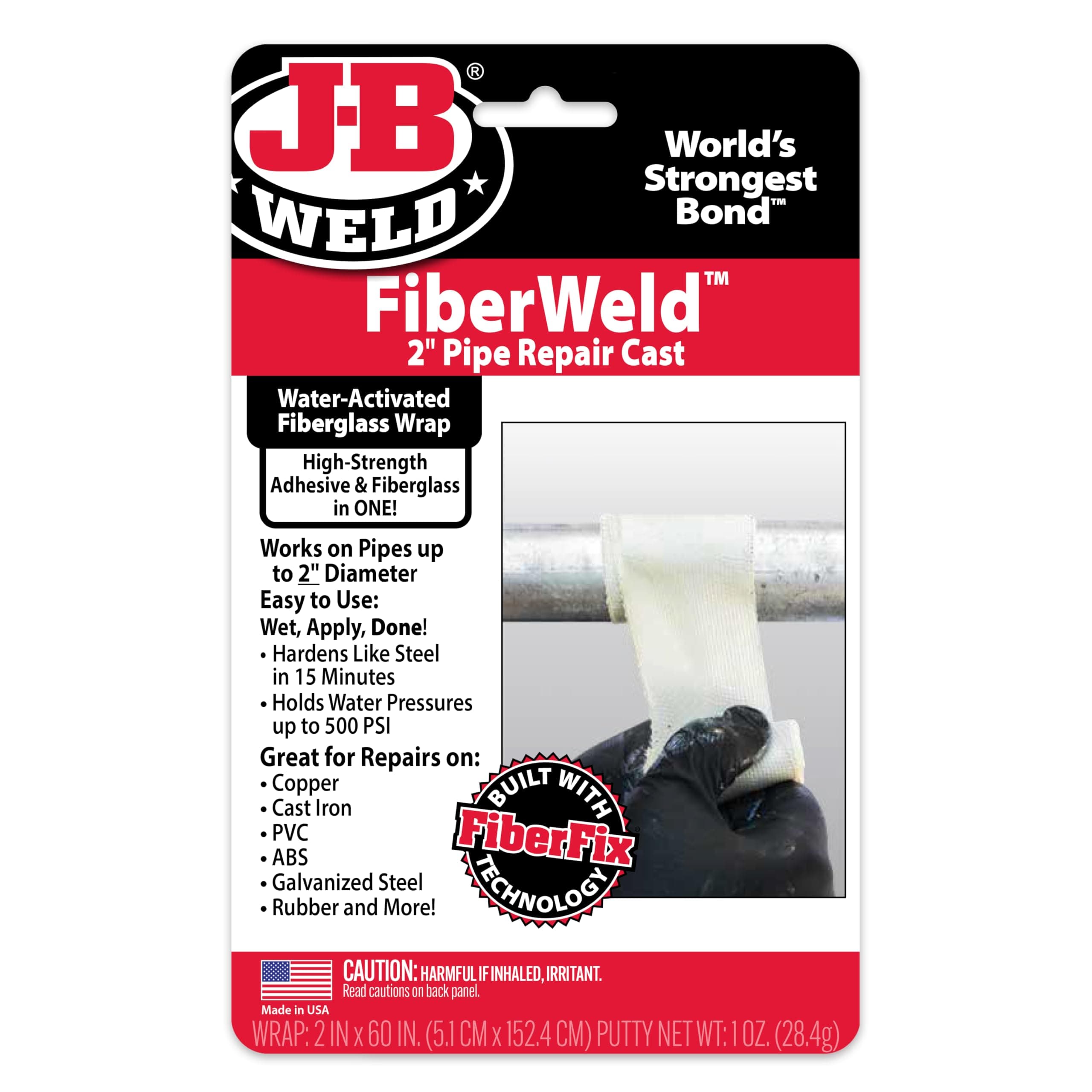 JB Weld Fiberweld 2x60 inch Pipe Repair Cast Fiberglass Pipe Repair Cast, Wet & Wrap, for Pipes up to 2" Diameter