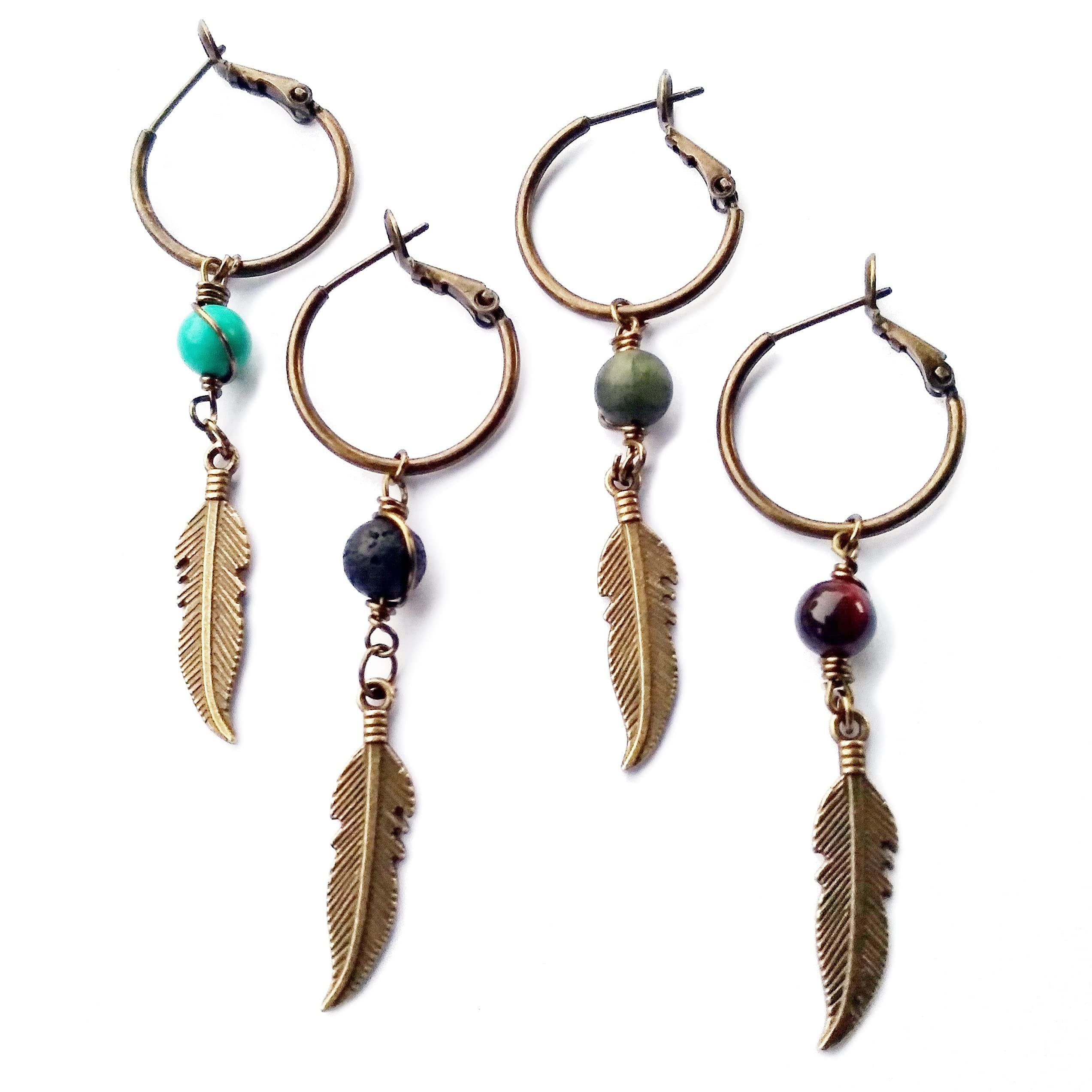 Bronze Feather Earring for Men - Single Pirate Style Hoop Earrings - Dangle Lava Rock and Tiger Eye Men's Earring Single