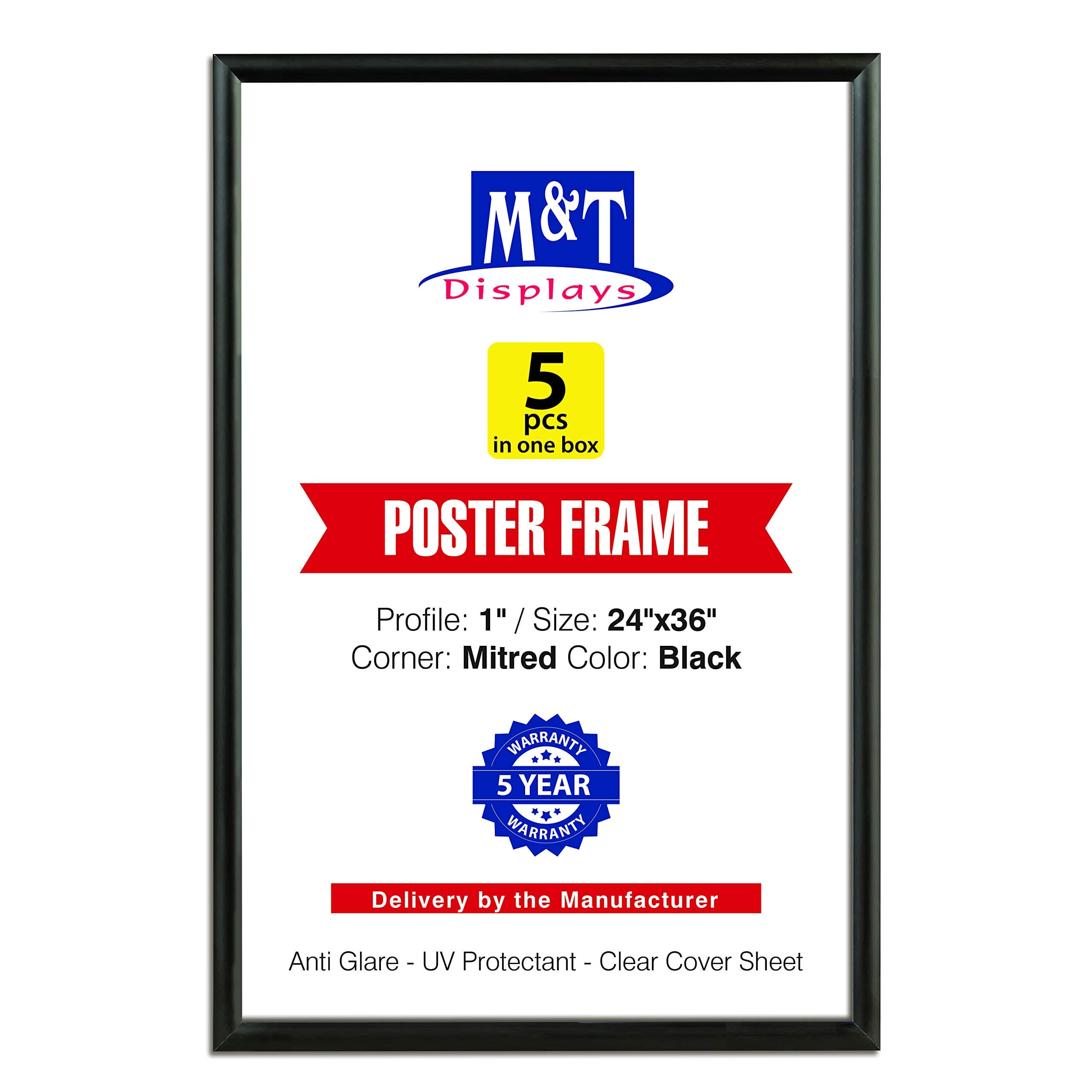 M&T Displays Snap Poster Frame 24x36 Inch Black 1" Aluminum Profile Front Loading Wall Mounting Photo Picture Document Certificate Sign Holder Mitered Corner Anti Glare Cover (5 pack)