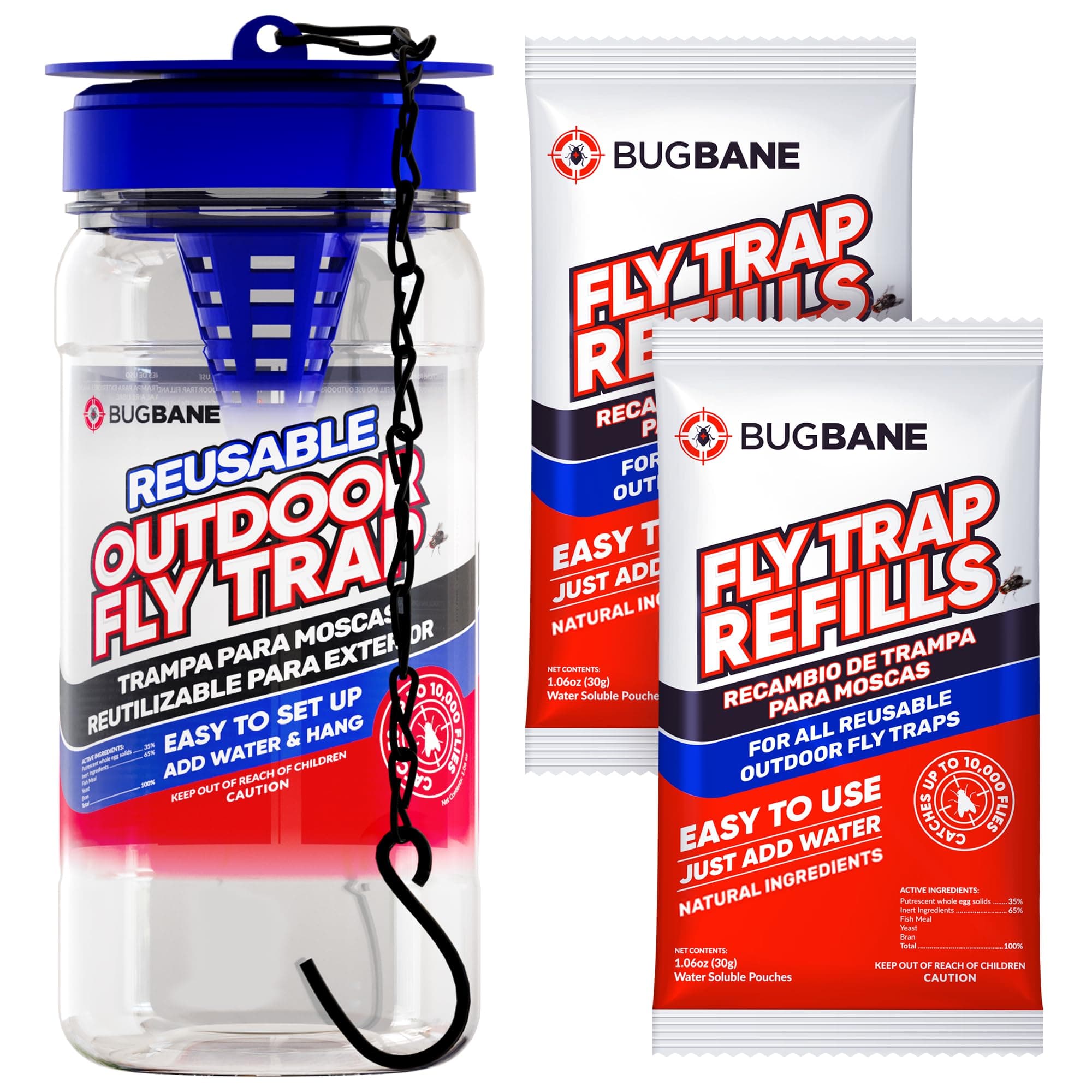 Fly Trap Outdoor Fly Traps for Patio with 2 Non-Toxic Dissolvable Bait Refills. Reusable Hanging Bug Catcher Killer for All Filth Flies for Outside Bug Control Yard Ranch. Hanging Chains Included