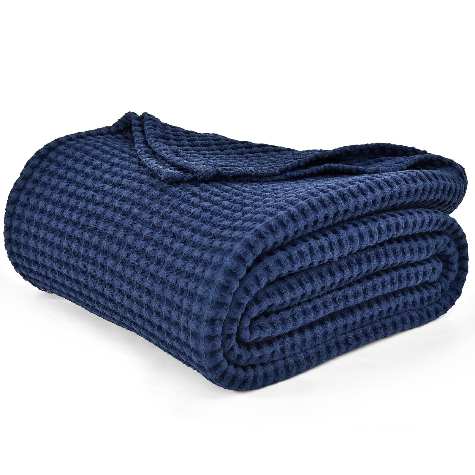 PHF 400GSM 100% Washed Cotton Waffle Weave Blanket, Cozy Breathable Skin-Friendly Throw Queen Size for All Season, Luxury Fall Layer Bedspread for Couch Bed, Elegant Home Decor, Navy Blue,90"x90"