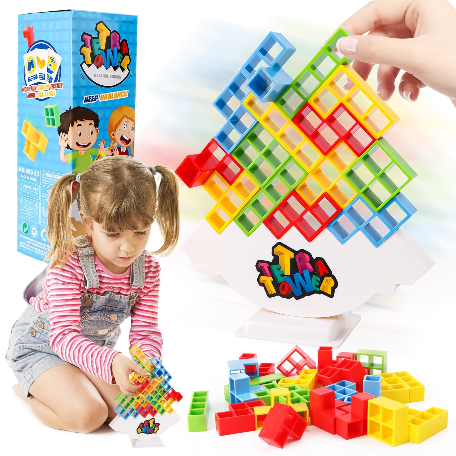 Tetra Tower Balance Game - 48pc Stacking Blocks Building Toy Set - Tetris Puzzle Board Game for Kids and Adults