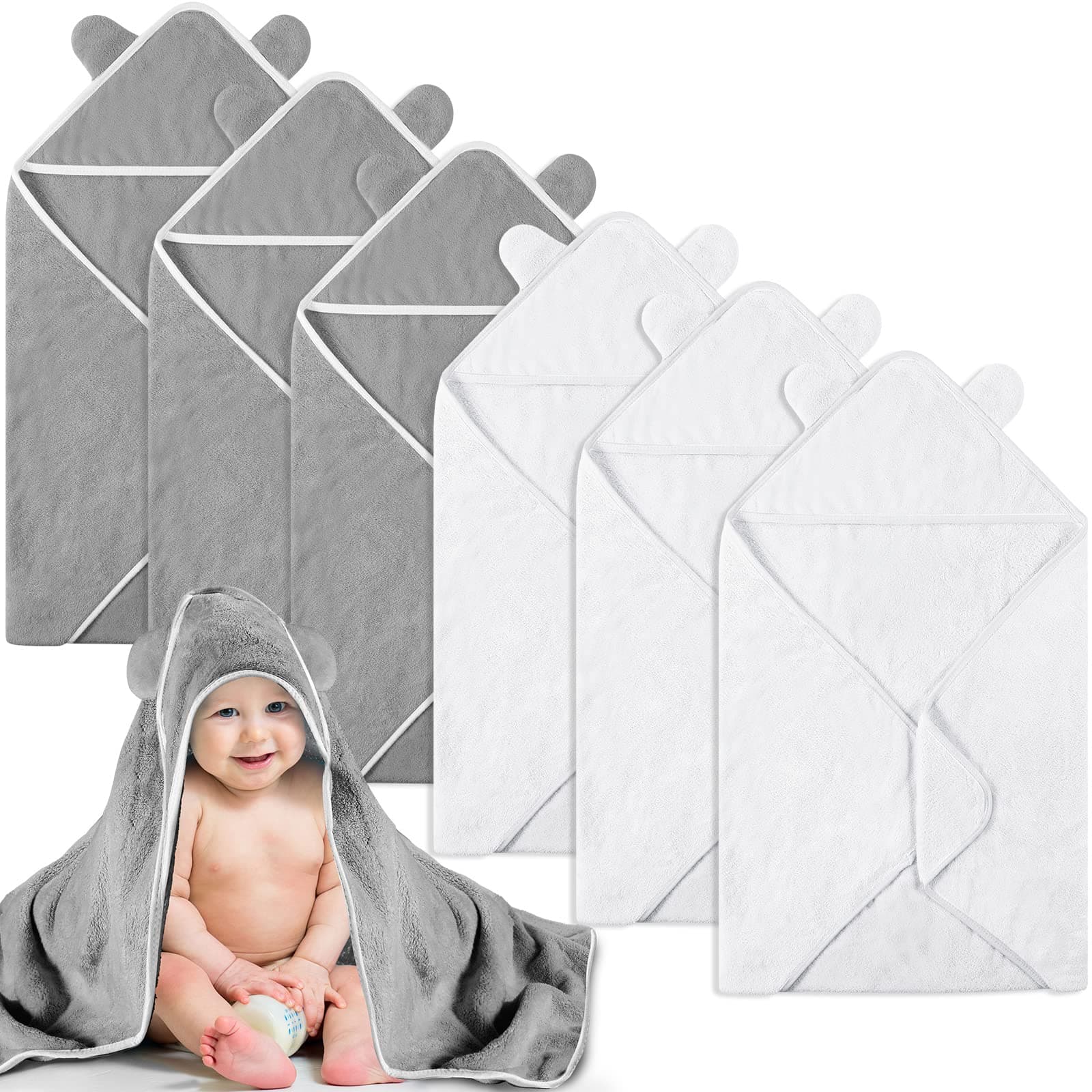 6 Pieces Baby Bath Towels 30 x 30 Inch Hooded Baby Towel Hooded Bath Blanket Absorbent Coral Fleece Hooded Baby Bath Shower Towel Gifts for Toddler Infant Newborn Shower Gift Supplies (White, Gray)