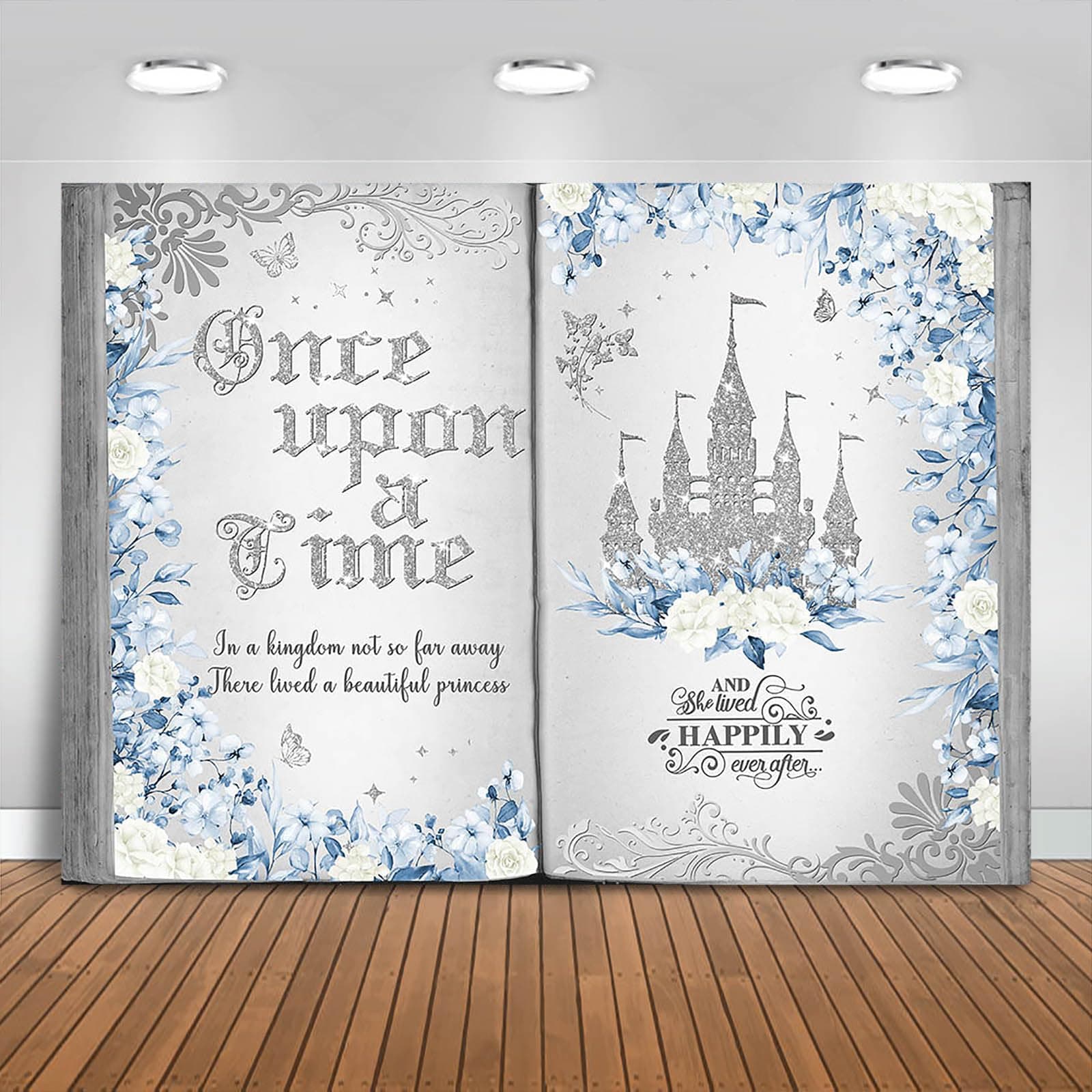 - Once Upon a Time Backdrop 7x5ft Blue Floral Silver Castle Princess Fairy Tale Book Birthday Background Party Decorations for Girl Opening Magic Book Romantic Story Wall Decor Banner