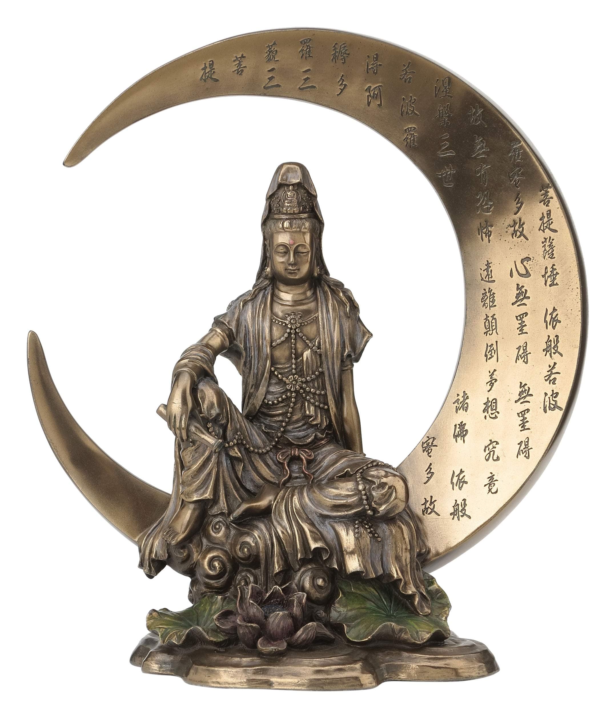 JFSM INC. Guan Yin Sitting on Crescent Moon with Heart Sutra Statue Sculpture - Bodhisattva
