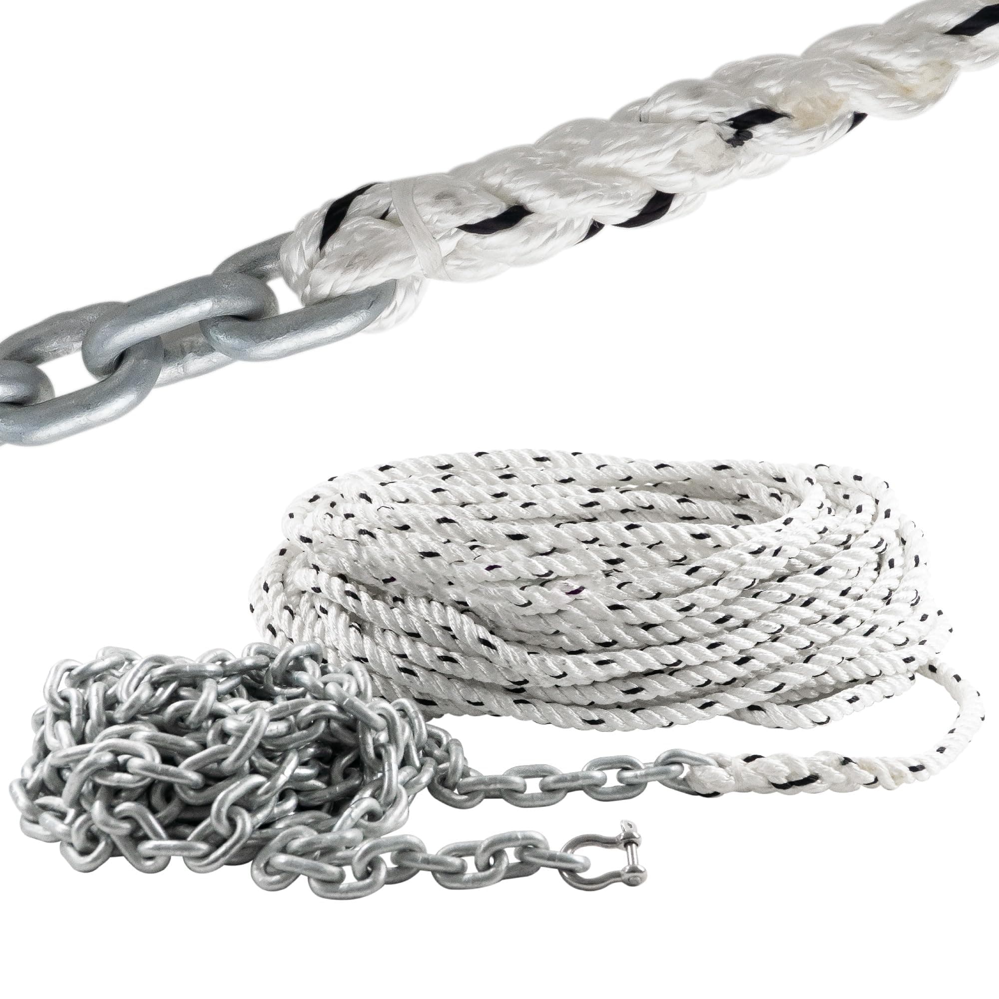 Five Oceans Windlass Anchor Rode, Hand-Spliced Anchor Rope and Chain Combination Kit, Nylon 3-Strand Rope, HT G4 Hot-Dipped Galvanized Steel Chain for Boat Anchor Systems - Multiple Sizes