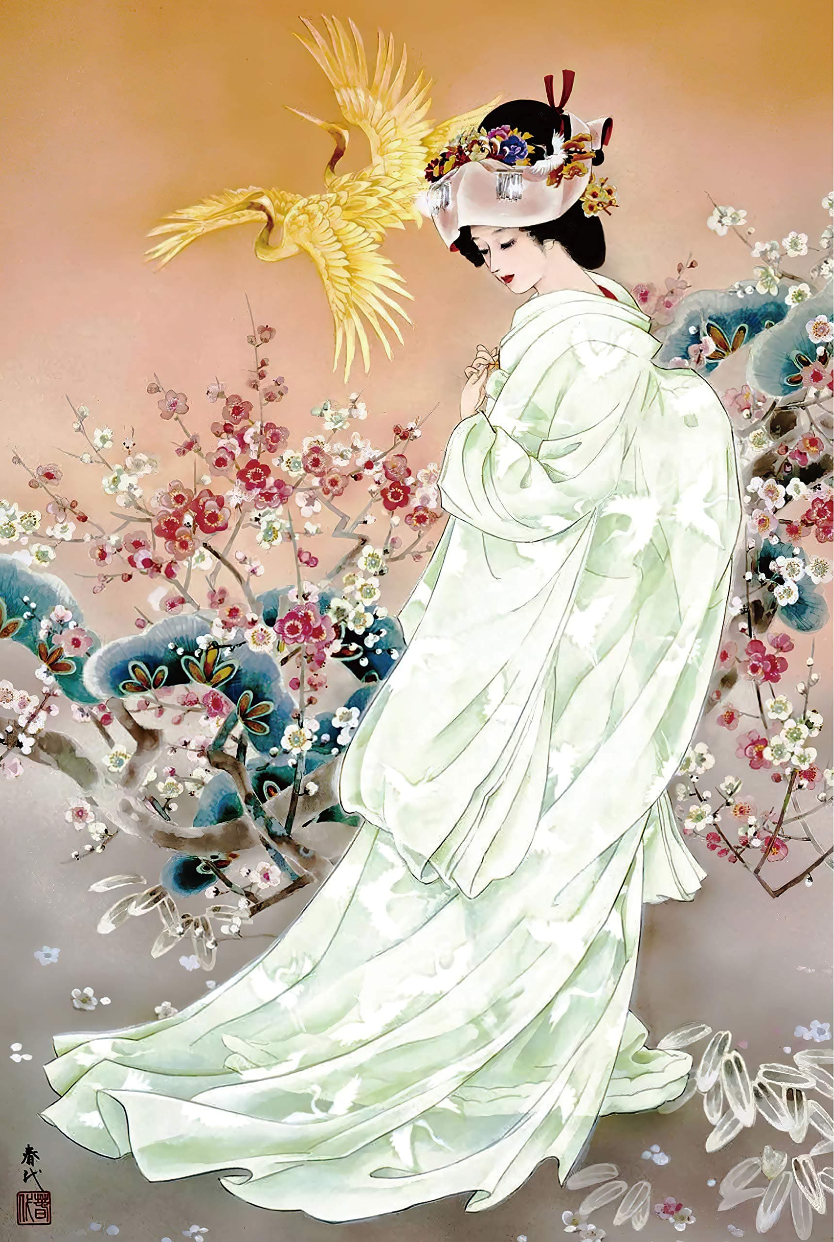 White Kimono Beauty Paintings by Haruyo Morita- Wooden Jigsaw Puzzles 1000 Piece for Teens and Family