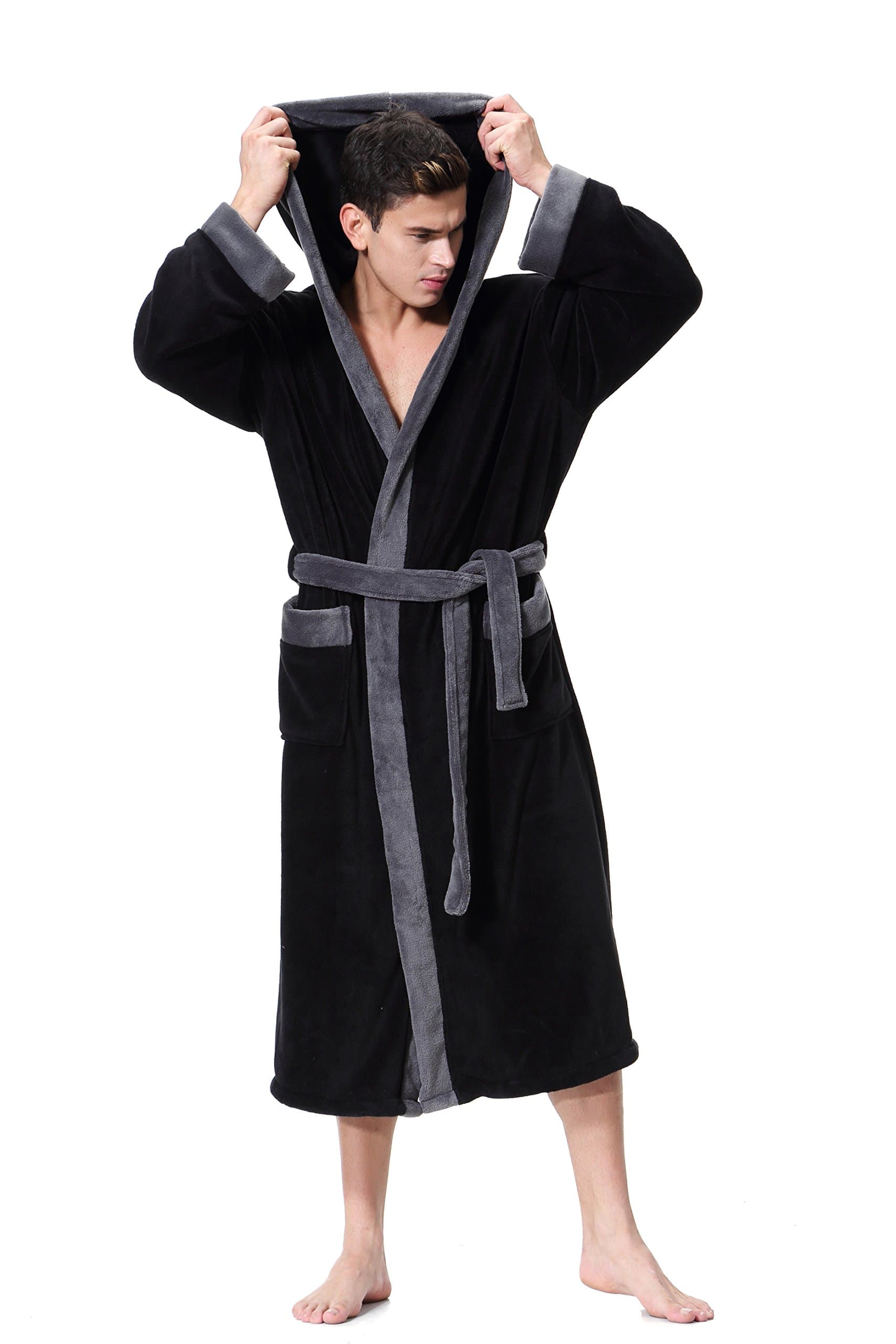 OUFANGMen's Hooded Bathrobe in 2 colored Soft Spa Kimono Shawl Collar Hooded Long Robe Unisex