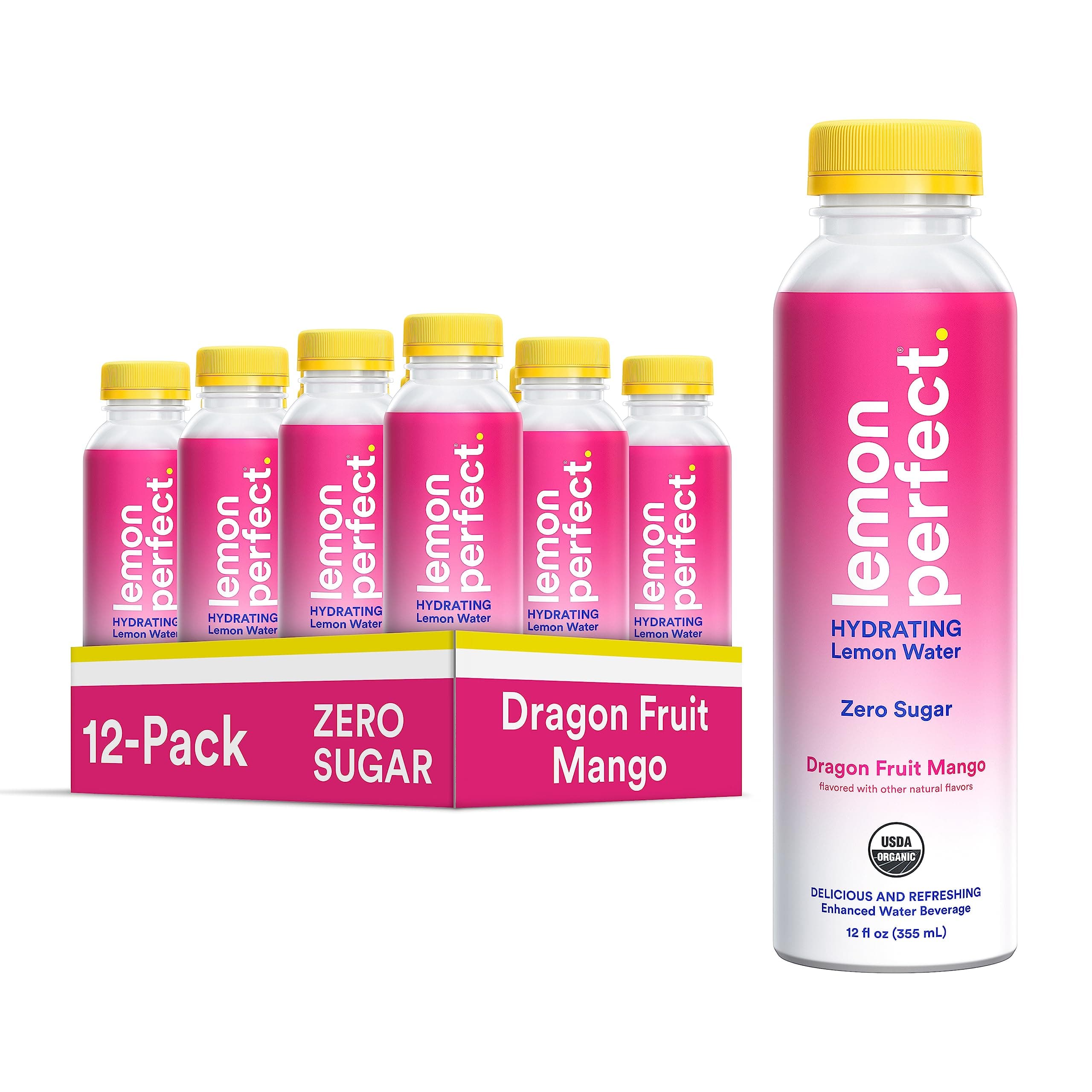 Hydrating Organic Lemon Water, Zero Sugar, Flavored Water, Squeezed from Real Fruit, Plastic Neutral, No Artificial Ingredients, Dragon Fruit Mango (12oz Bottles) 12pk