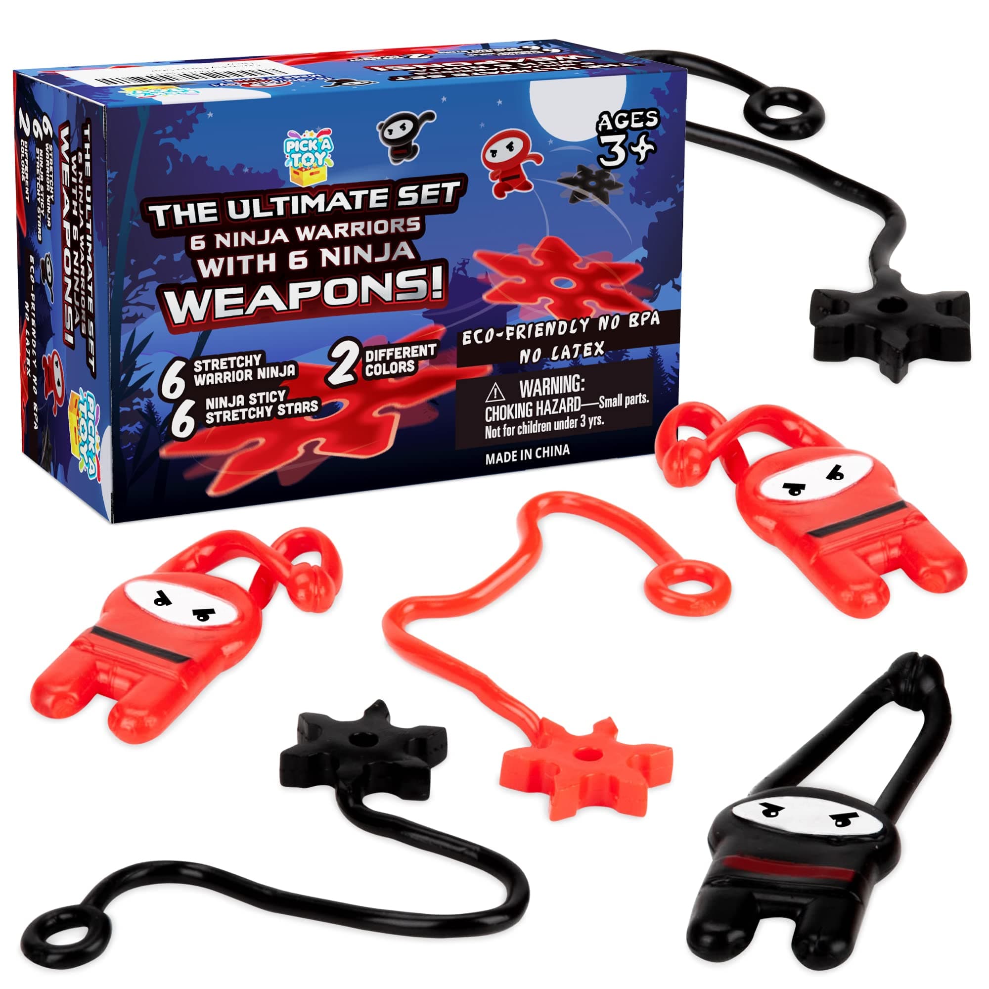 PICK A TOY Ninja Party Favors for Kids – 12 Pack Stretchy Flying Ninjas, Sticky Slingshot & Throwing Stars Toys – Goodie Bag Stuffers, Classroom Prizes, Easter Basket Egg Filler