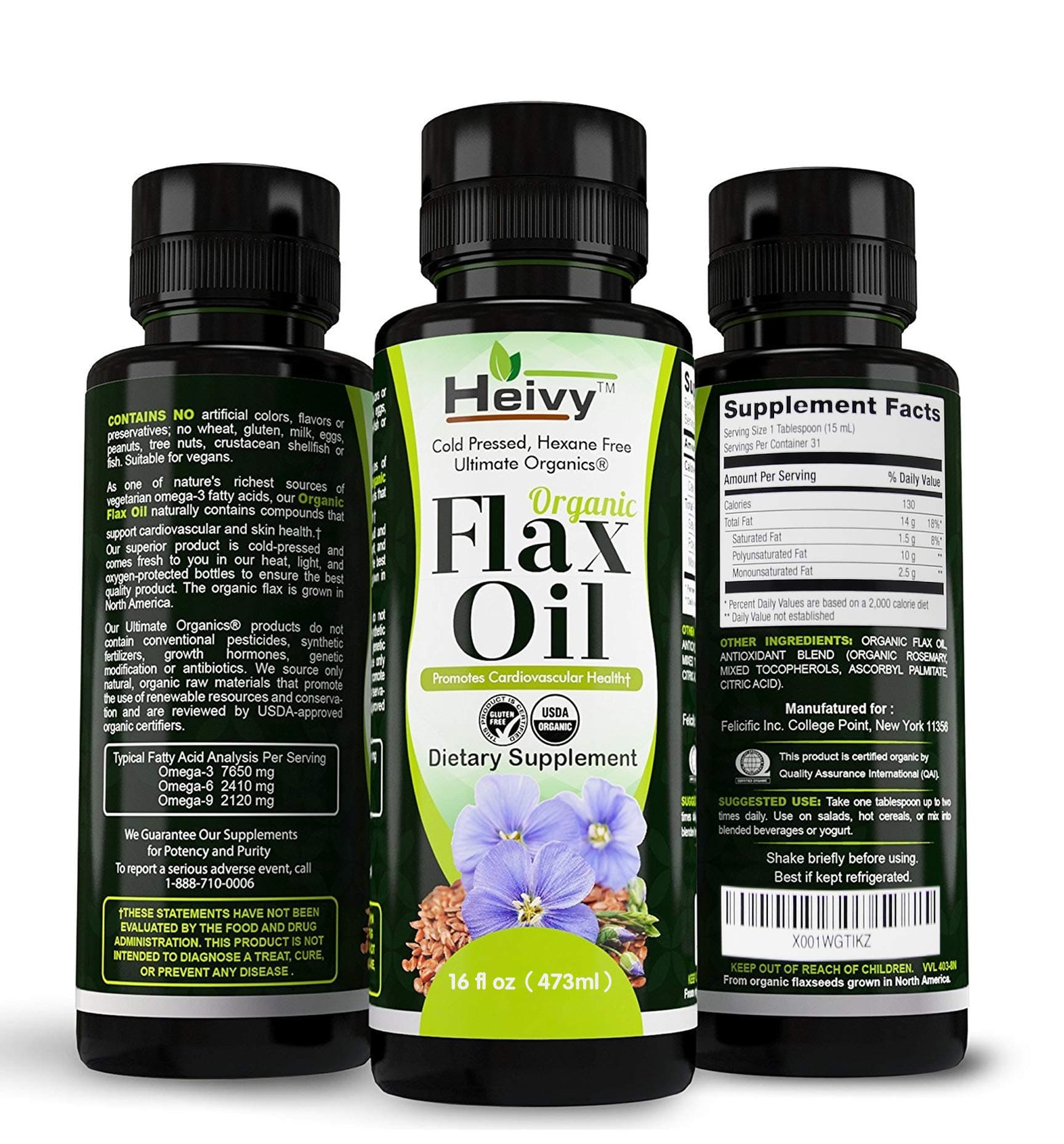 Heivy Organic Flax Oil (16 FL OZ), Flaxseed Oil Liquid, Cold Pressed Flaxseed Oil, Source of Vegetarian Omega-3 6 9, Flax Seed Oil Promotes Cardiovascular, Hexane Free,USDA.