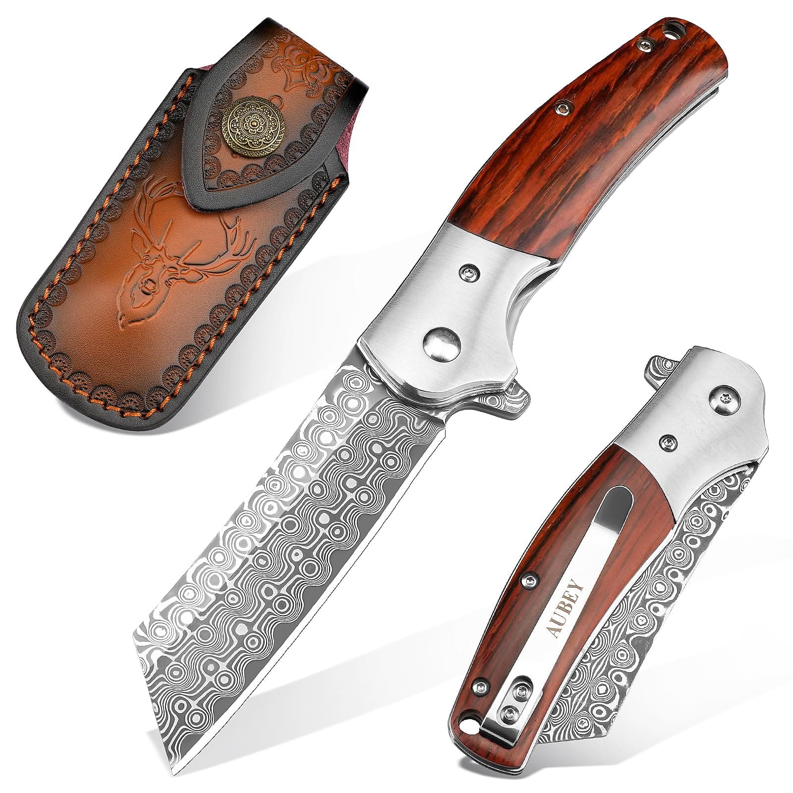 AUBEY Damascus Pocket Knife with Leather Sheath, 3.14" Damascus Steel Blade Folding Knives with Wood Handle and Clip, Gift for Camping Collection