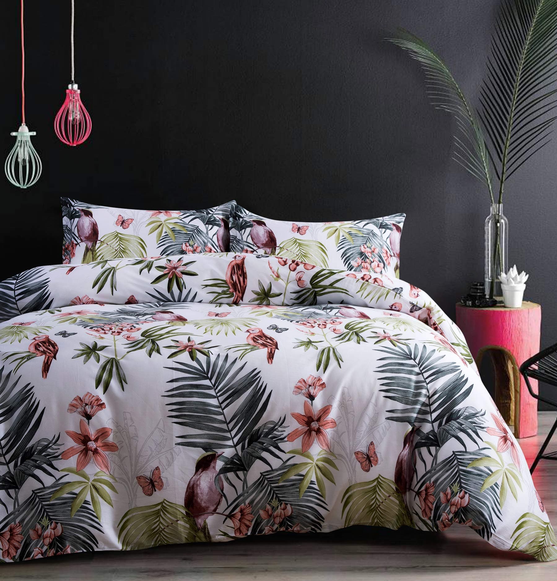 Eikei Palm Leaves Duvet Cover and Pillowcases Set Tropical Exotic Island Flowers Trees Branches Paradise Birds Bedding Jungle Plants Modern Botanical Print Long Staple Cotton (White, Super King)