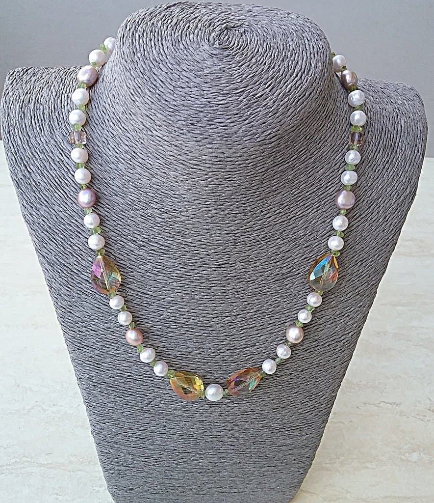 Freshwater pearl, rainbow crystal and olivine necklace