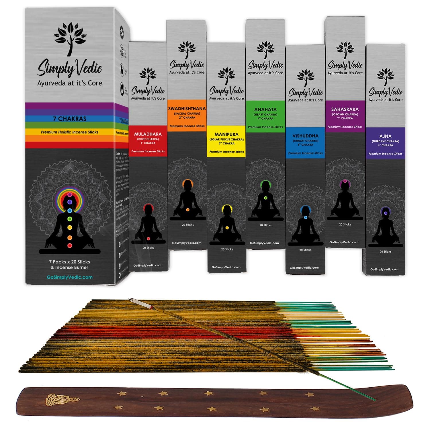 Simply Vedic 7 Chakra Incense Sticks, Aromatic Bliss for Balance & Healing| Handcrafted 140 Sticks with Pure Natural Scents to Align Energy Centers, Aromatherapy, Meditation, Yoga, Promote Relaxation