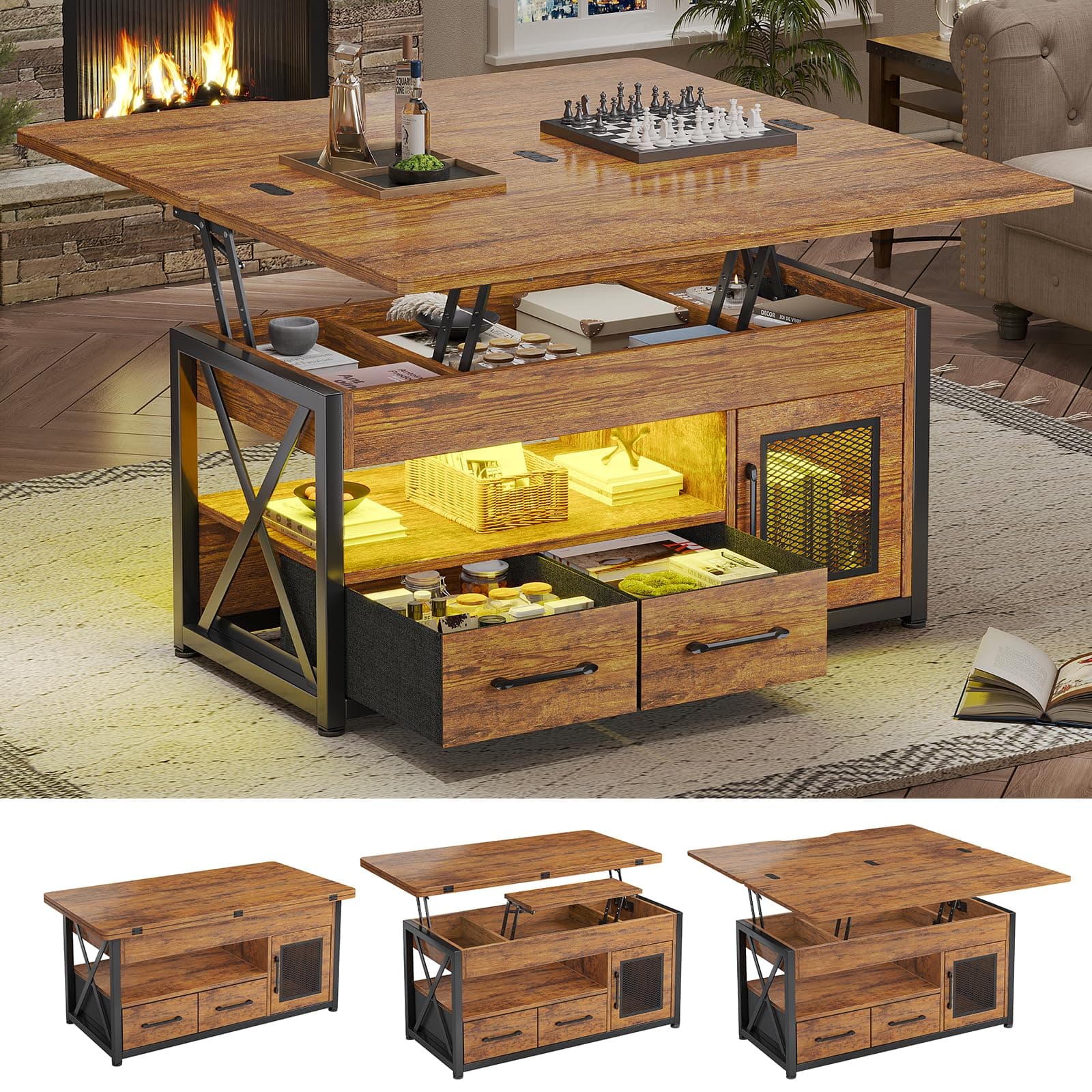 Itaar 40" Lift Top Coffee Table, 4 in 1 Coffee Tables with Storage Cabinet for Living Room, Small Farmhouse Coffee Table with 2 Fabric Drawers & LED Light for Dining Room, Rustic Brown