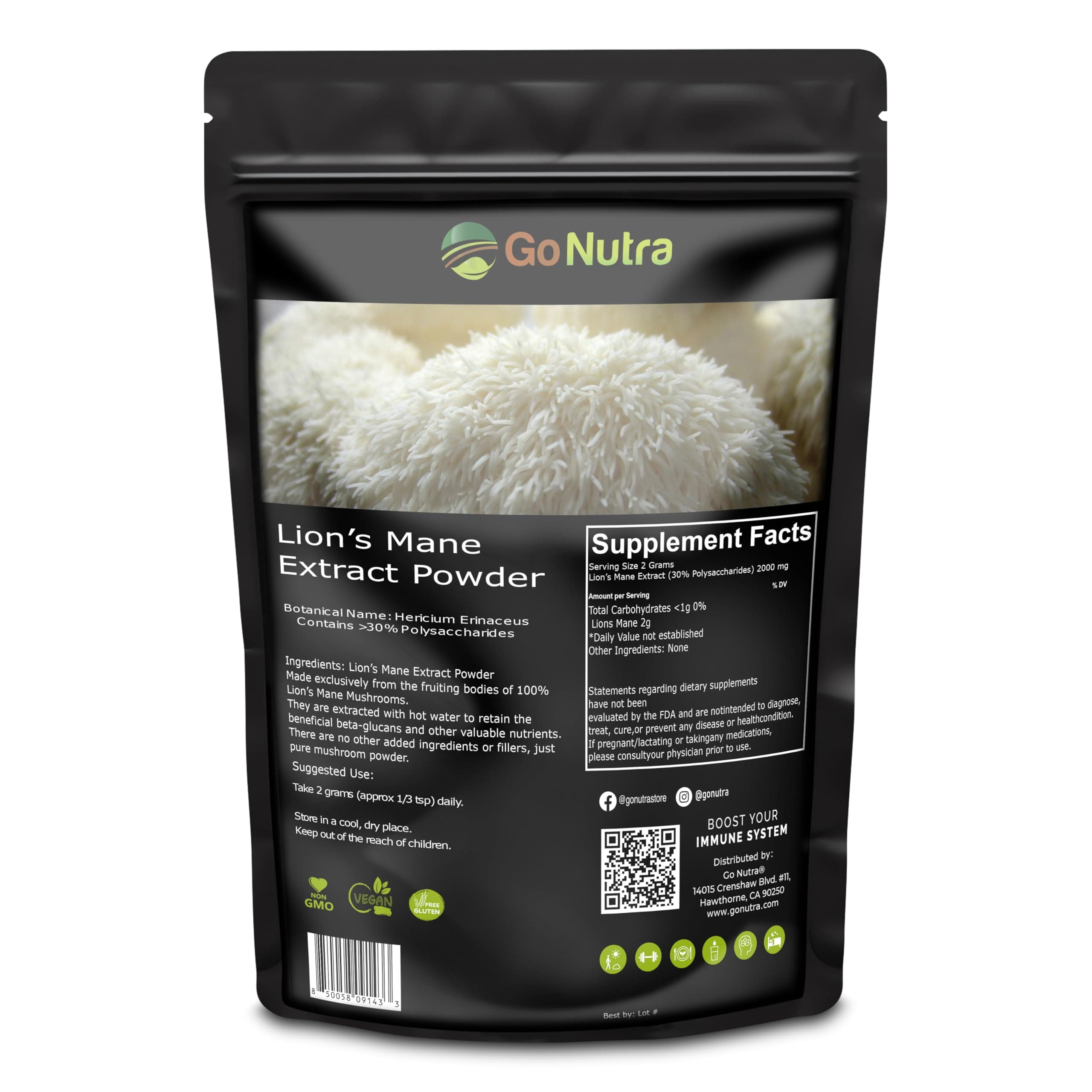 Go Nutra - Lion’s Mane Powder, Potent 10:1 Lion’s Mane Mushroom Powder with 30% Polysaccharides, Pure Lion’s Mane Extract for Tea, Juice, Water, and More, Non-GMO, Vegan, 8 oz