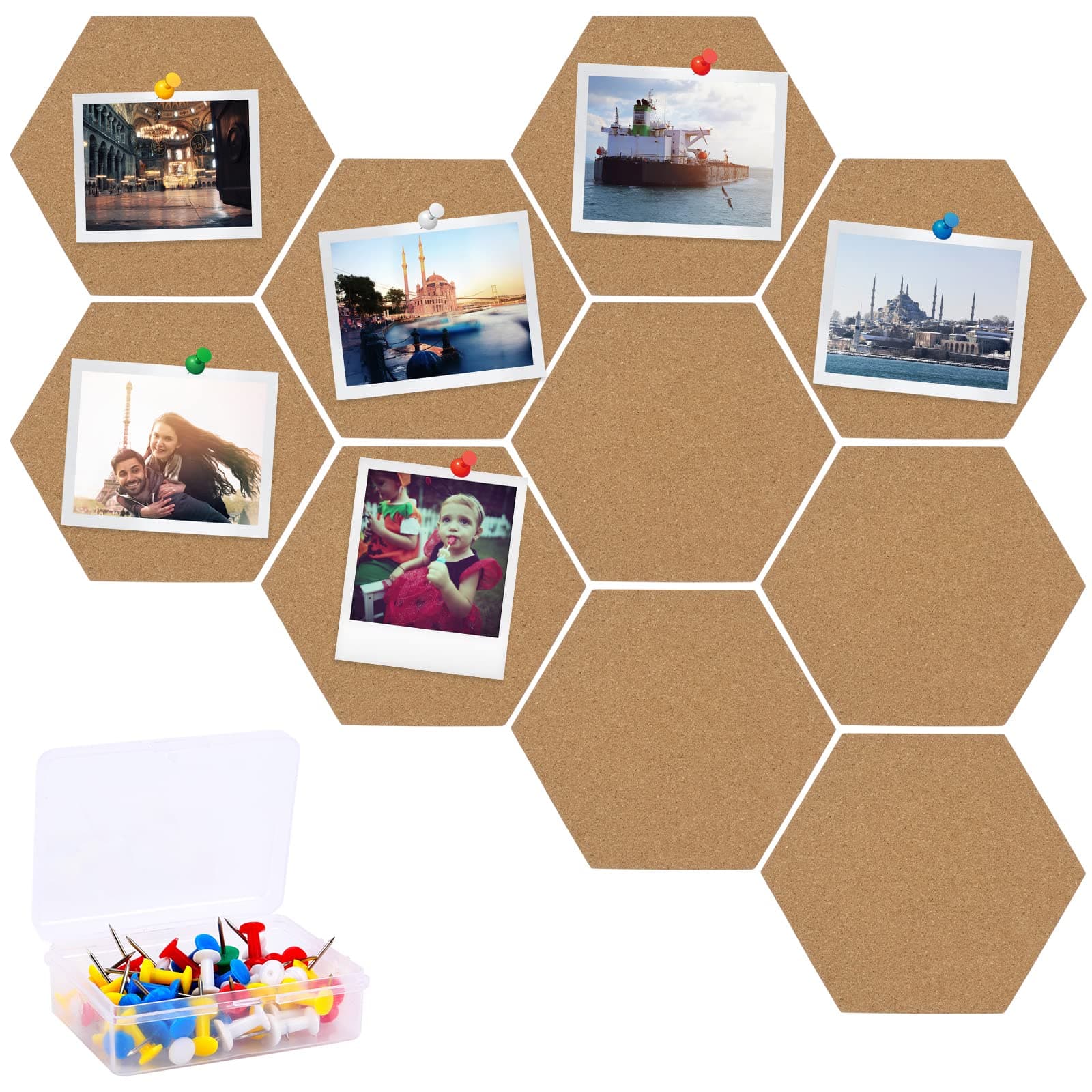 10Pcs Hexagon Cork Boards, Self-Adhesive DIY Notice Board Hexagon Cork Notice Boards with 50Pcs Colorful Pins for Home Office School