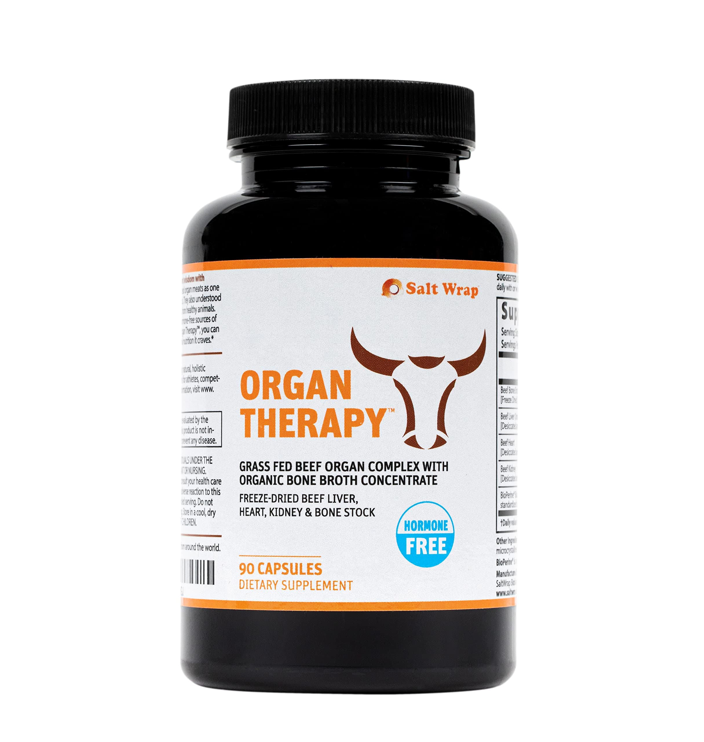 SaltWrap Organ Therapy - Grass Fed Beef Organ Meat Complex Supplement with Organic Bone Broth Concentrate (Beef Liver, Heart, Kidney and Bone Broth Capsules with BioPerine) Desiccated, 90 Capsules