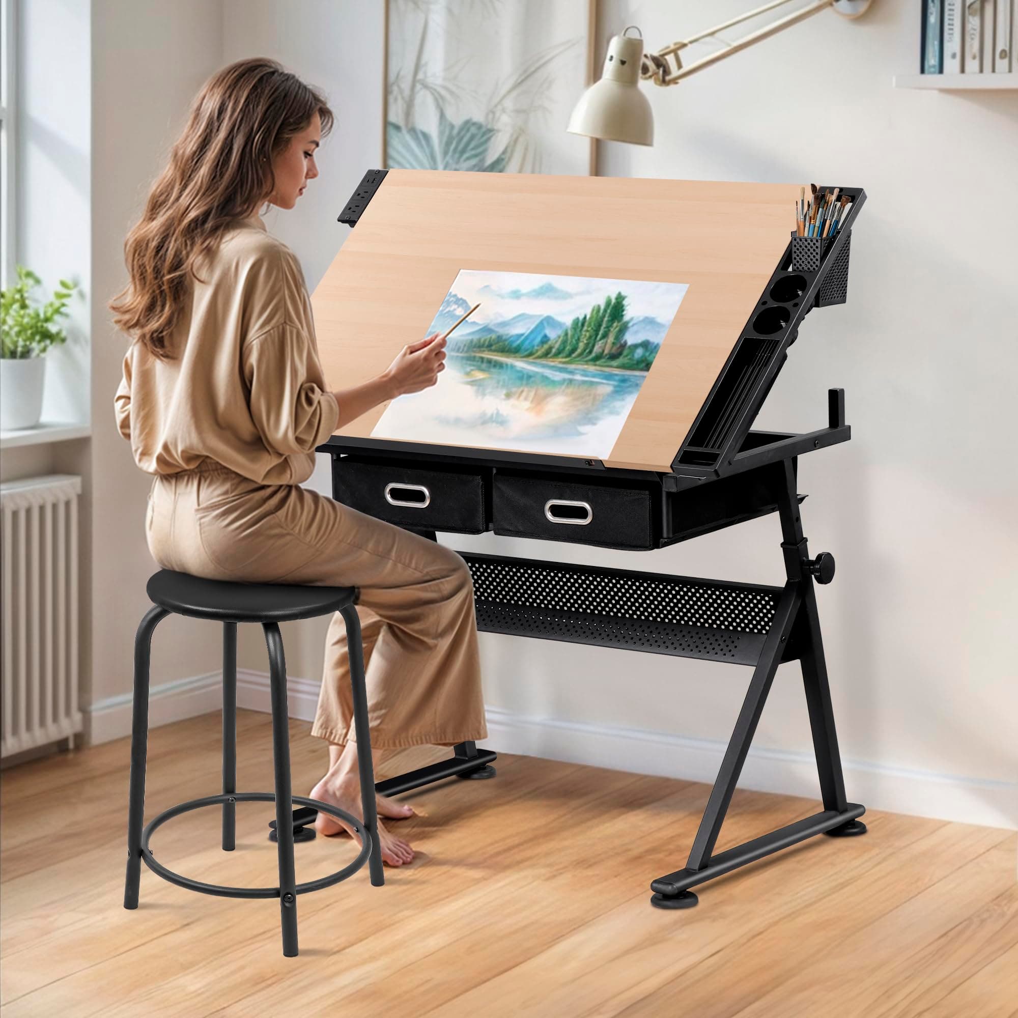 Drafting Table Drawing Desk w/Power Outlet, Art&Craft Work Station Height Adjustable Tilting Tabletop Craft Table Desk w/Stool and 2 Storage Drawers for Home Office, Natural