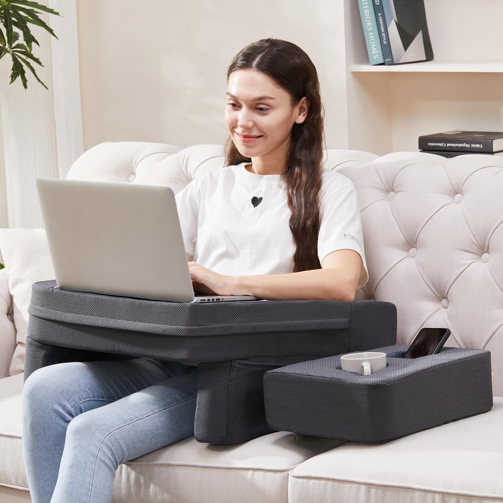 Lap Desk for Laptop, Reading Pillow for Adult, Memory Foam Gaming Pillow with Cup Holder, Arm Rest Couch Pillow for Working, Gaming, Reading, Laptop Desk for Couch Bed Floor(Grey)