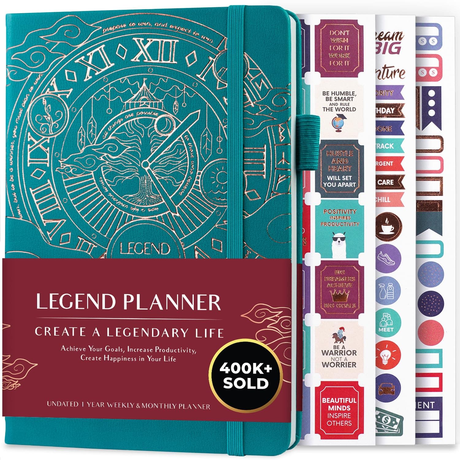 Deluxe Weekly & Monthly Life Planner to Hit Your Goals & Live Happier. Organizer Notebook & Productivity Journal. A5 Hardcover, Undated - Start Any Time + Stickers-Viridian Green Gold