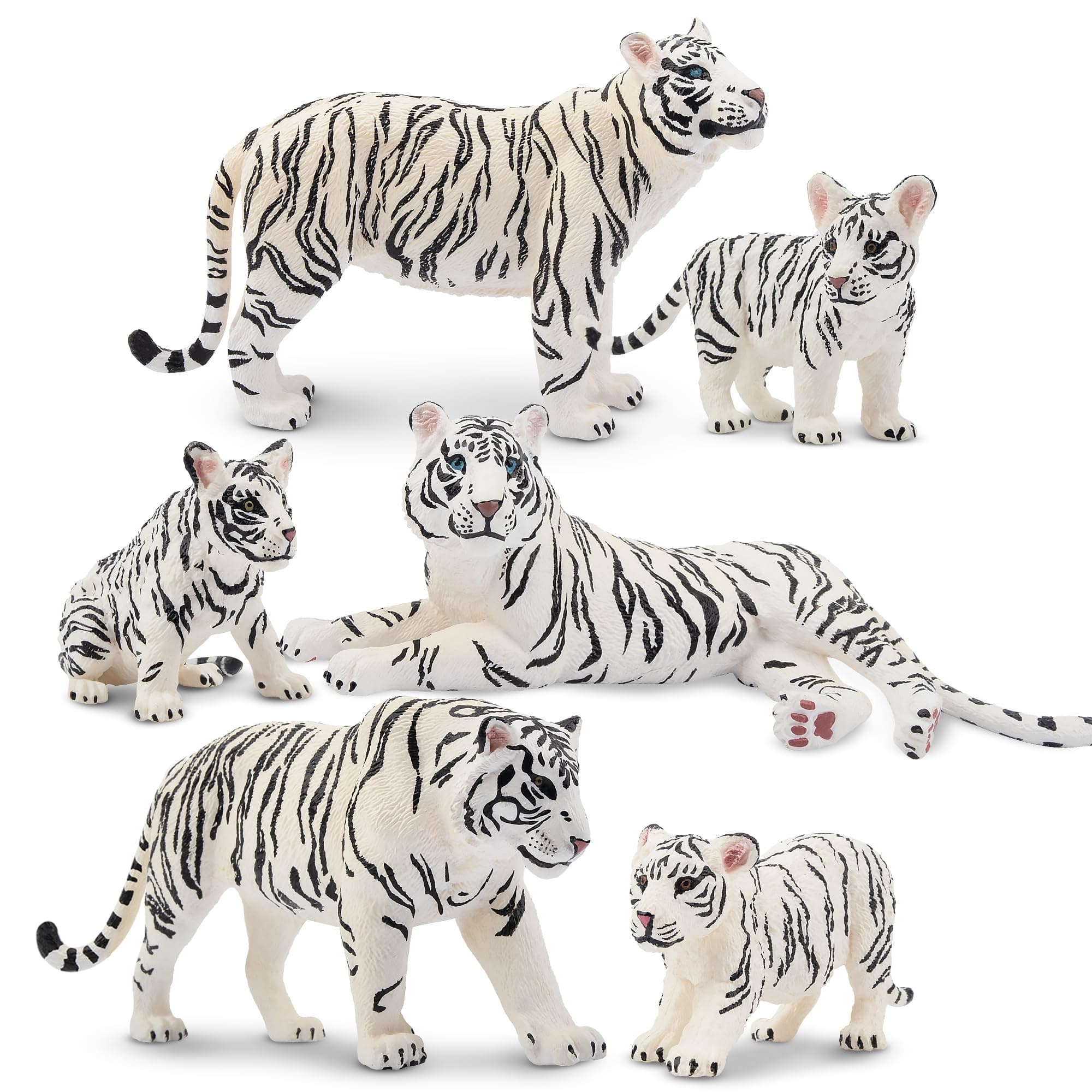 6PCS Realistic White Tigers Figurines with Tiger Cubs, Jungle Animals Figures Family Set Includes Baby Tigers, Educational Toy Cake Toppers Christmas Birthday Gift for Kids Toddlers